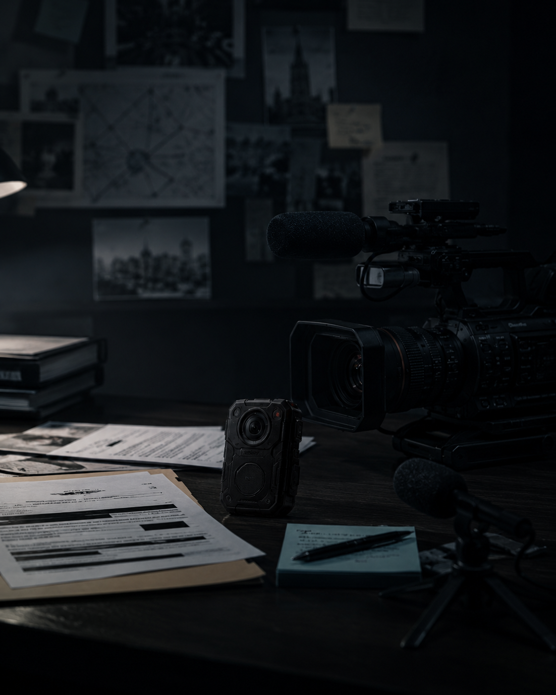 Bodycam, video camera, microphone, public records, and redacted documents representing Thin Blue Lies Media contact and media inquiries.