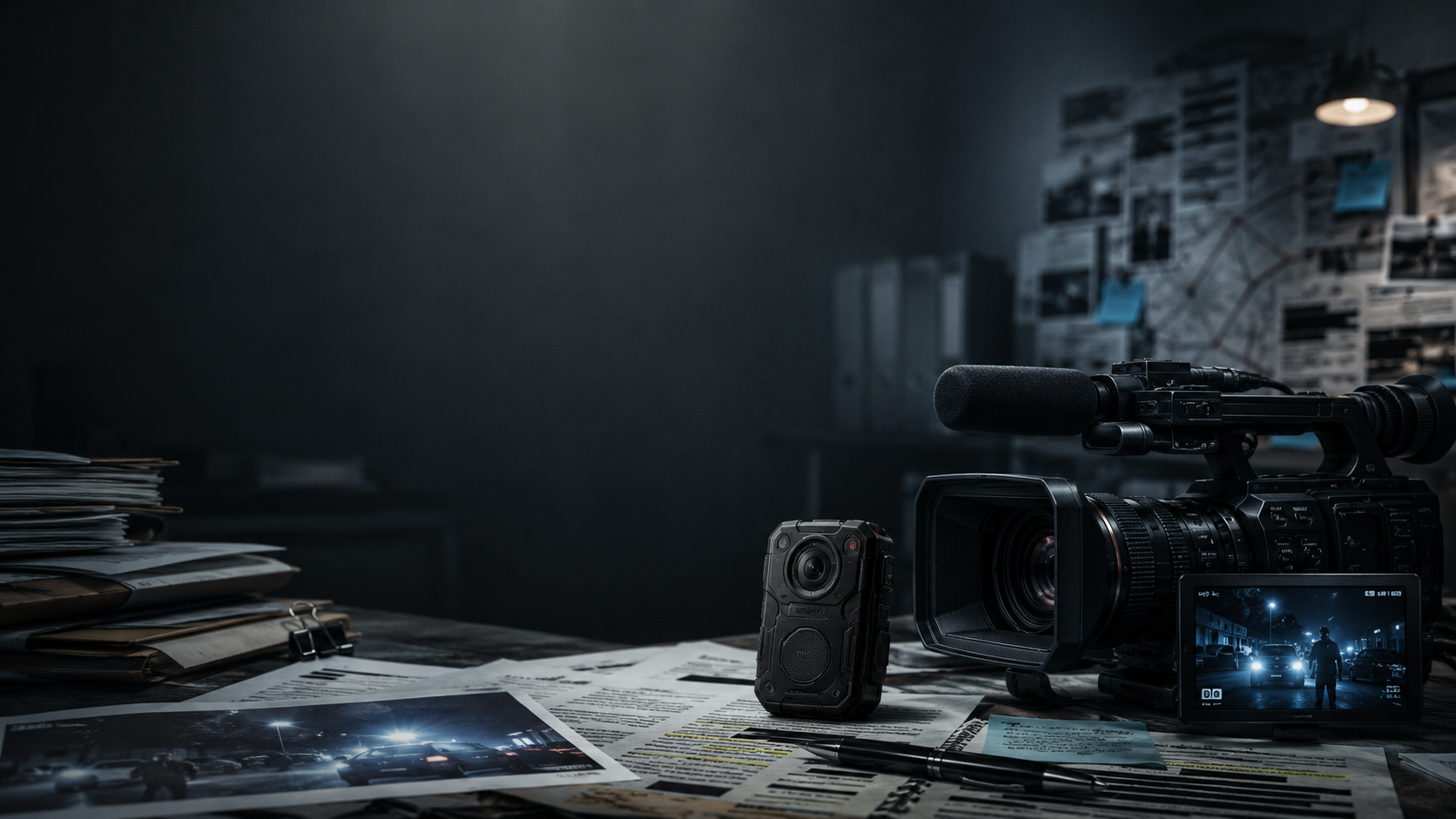Investigative media workspace with video camera, bodycam, public records, redacted documents, and case files representing Thin Blue Lies Media police accountability coverage.