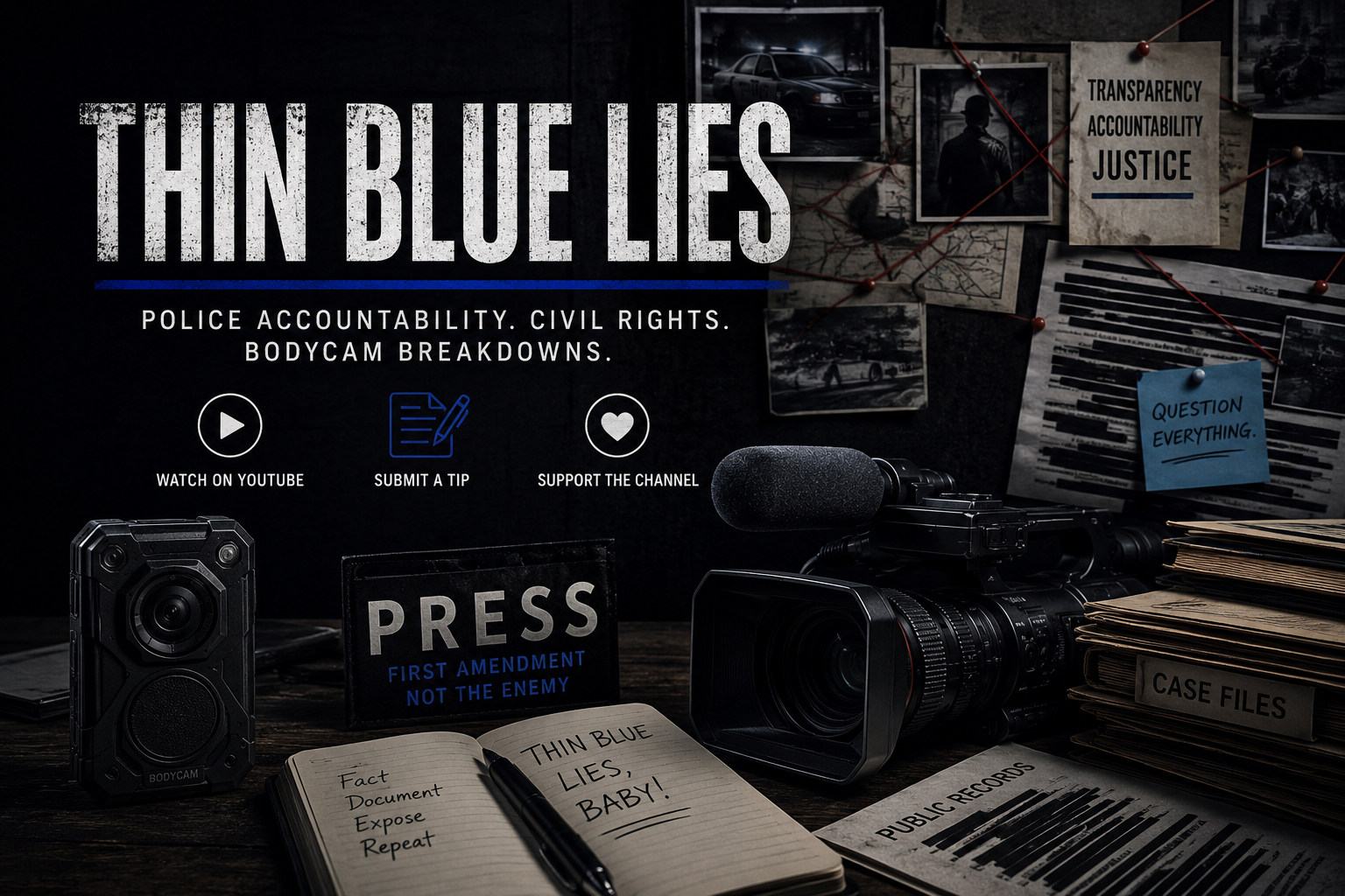 Thin Blue Lies Media police accountability graphic featuring bodycam footage, video camera, public records, case files, redacted documents, and civil rights commentary.