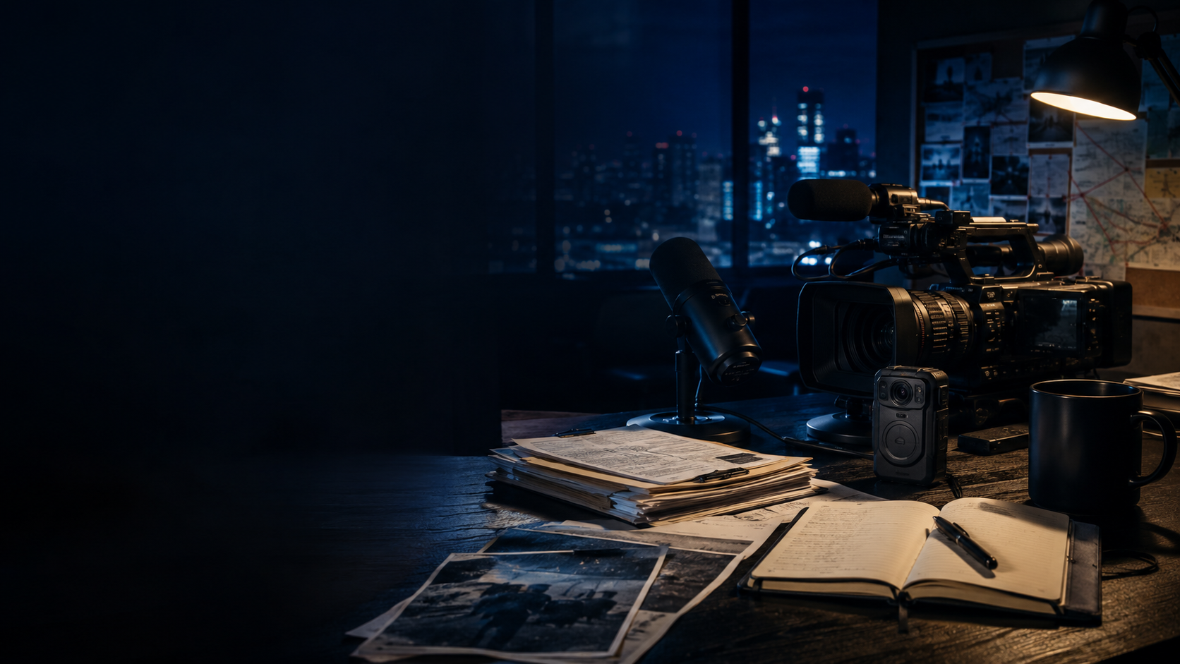 Dark investigative studio workspace with camera equipment and media tools representing support for Thin Blue Lies and independent police accountability reporting.