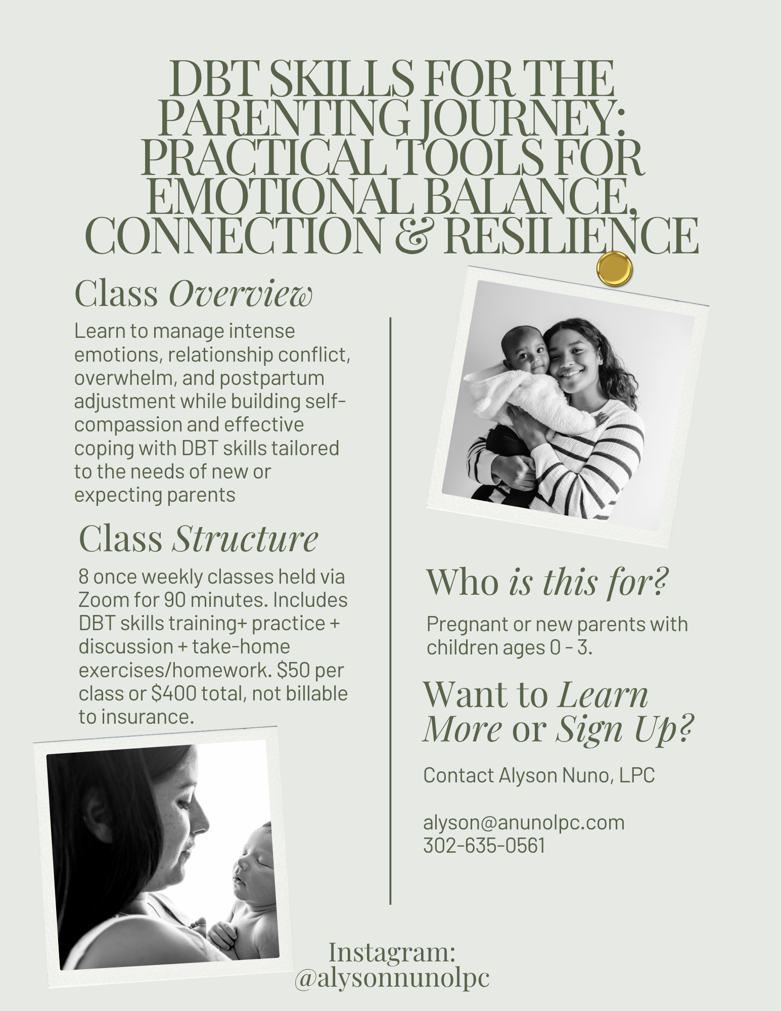 Informational flyer offering DBT skills classes for parents, featuring a black-and-white photo of a mother and child, with text about class overview, structure, target audience, and contact information.