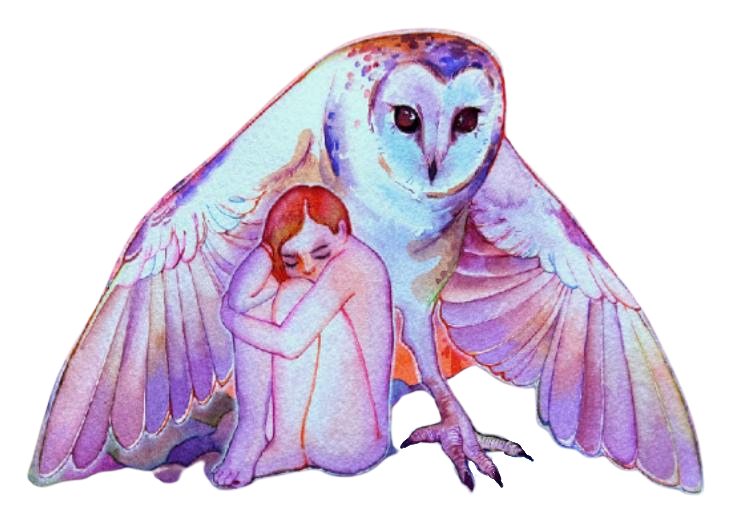 A surreal digital artwork combining a human figure with an owl and bird wings, featuring a person with red hair sitting in a fetal position with eyes closed, integrated into the owl's wings and body.