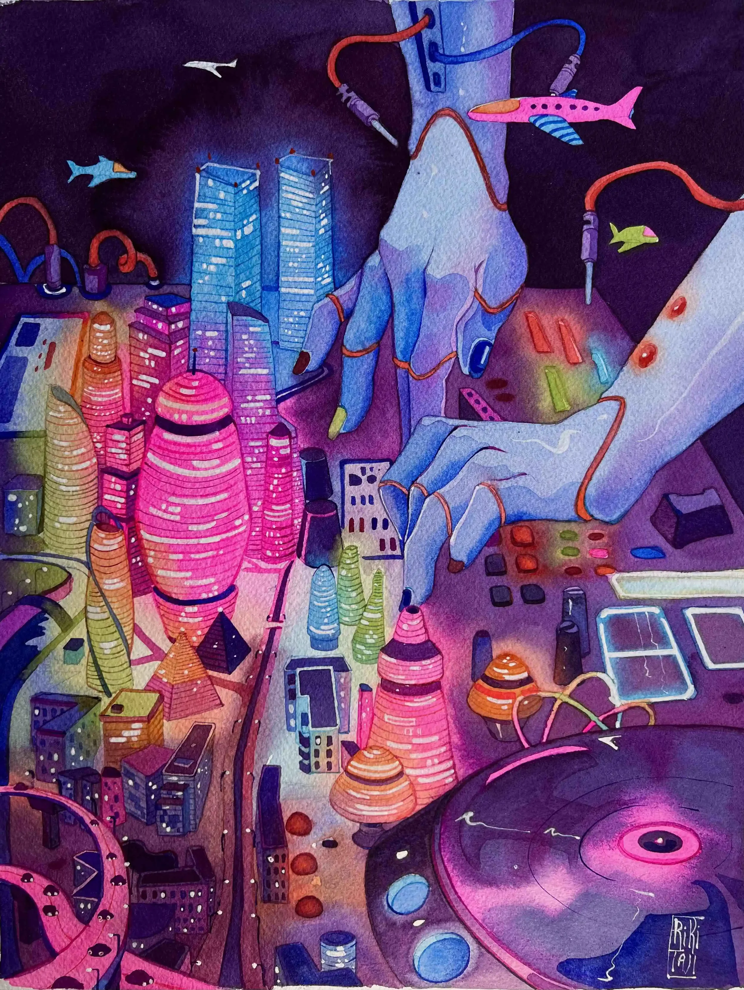 The heaven of a Dj. Watercolor cotton paper. Watercolor, gouache. 50x40 cm. 2022.