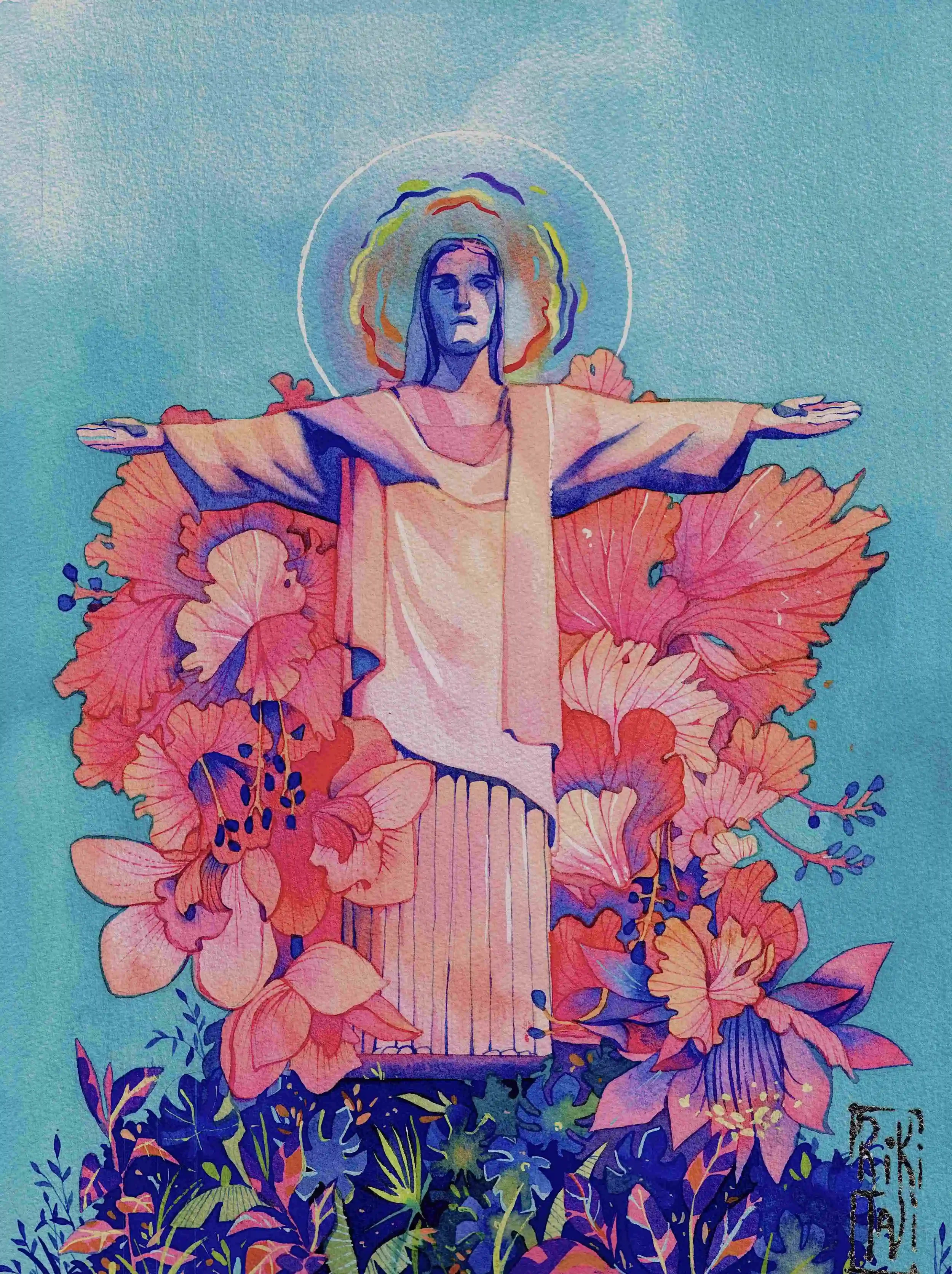 Jesus Super Star. Watercolor graphic on cotton paper. Watercolor. 40x30 cm. 2021.