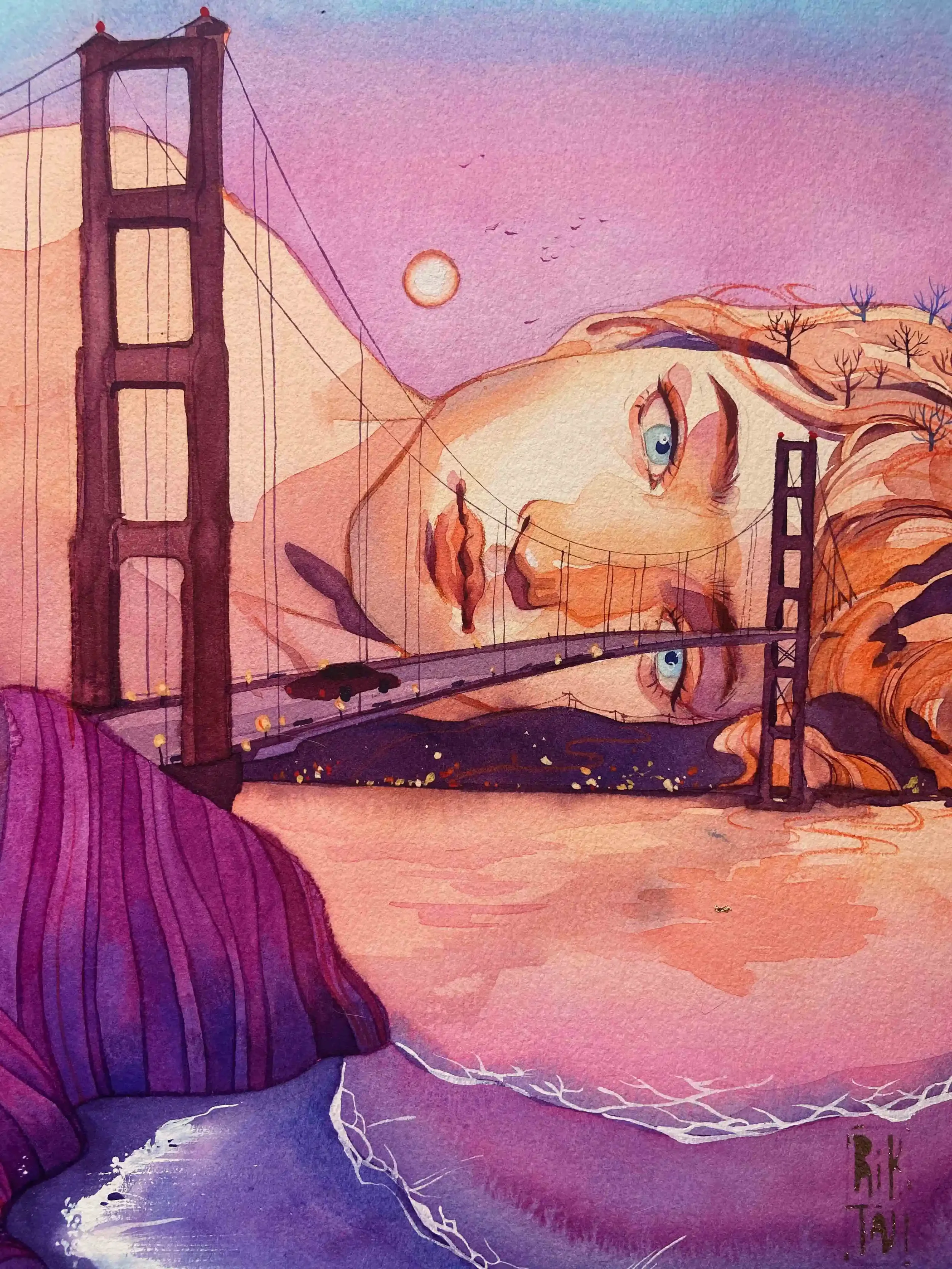 Melancholy bridge. Watercolor graphic on cotton paper. Watercolor, gouache. 40x30 cm. 2021.
