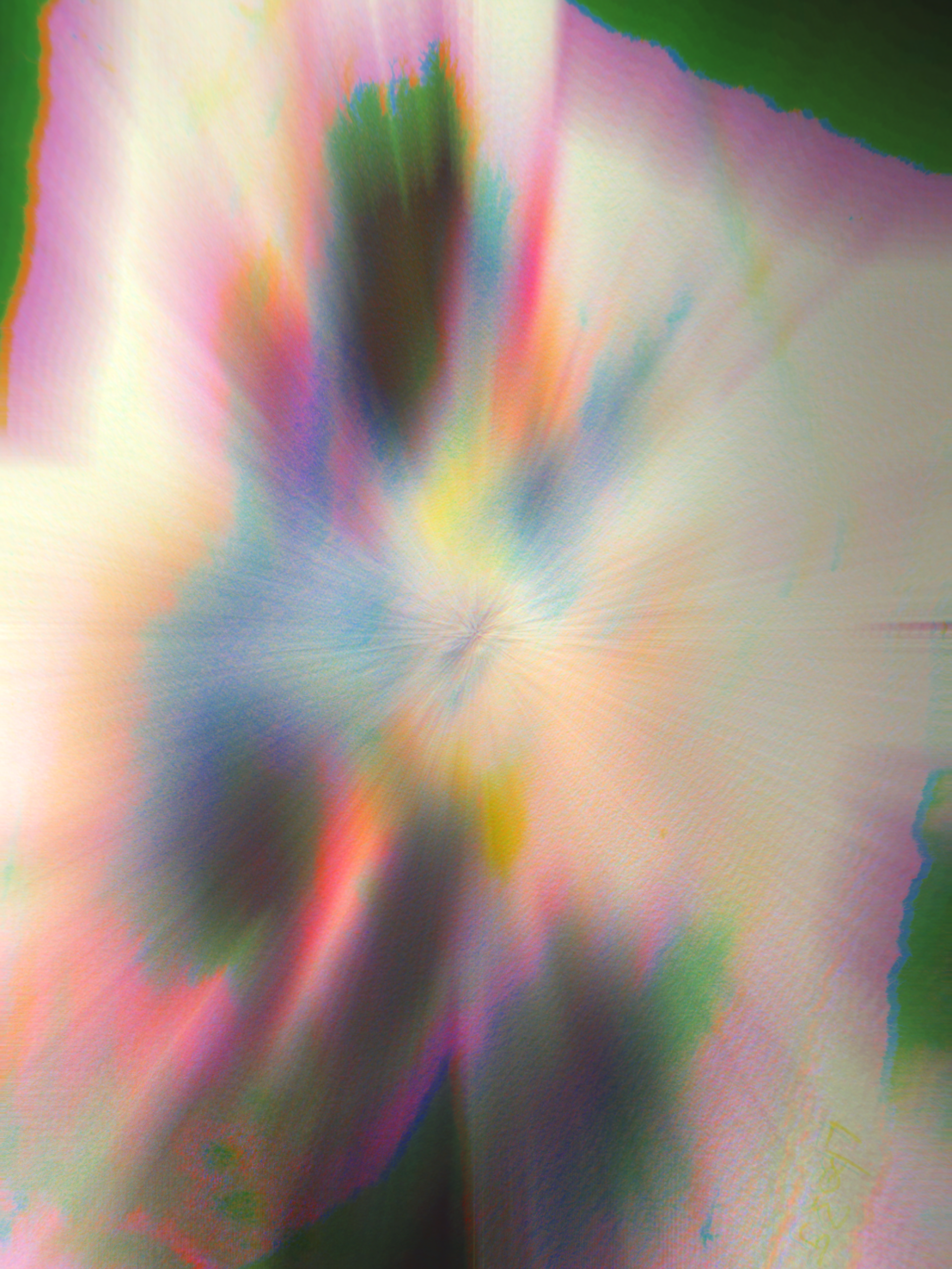 Abstract colorful digital art with a blurred flower-like shape and vibrant streaks of pink, green, blue, yellow, and black.