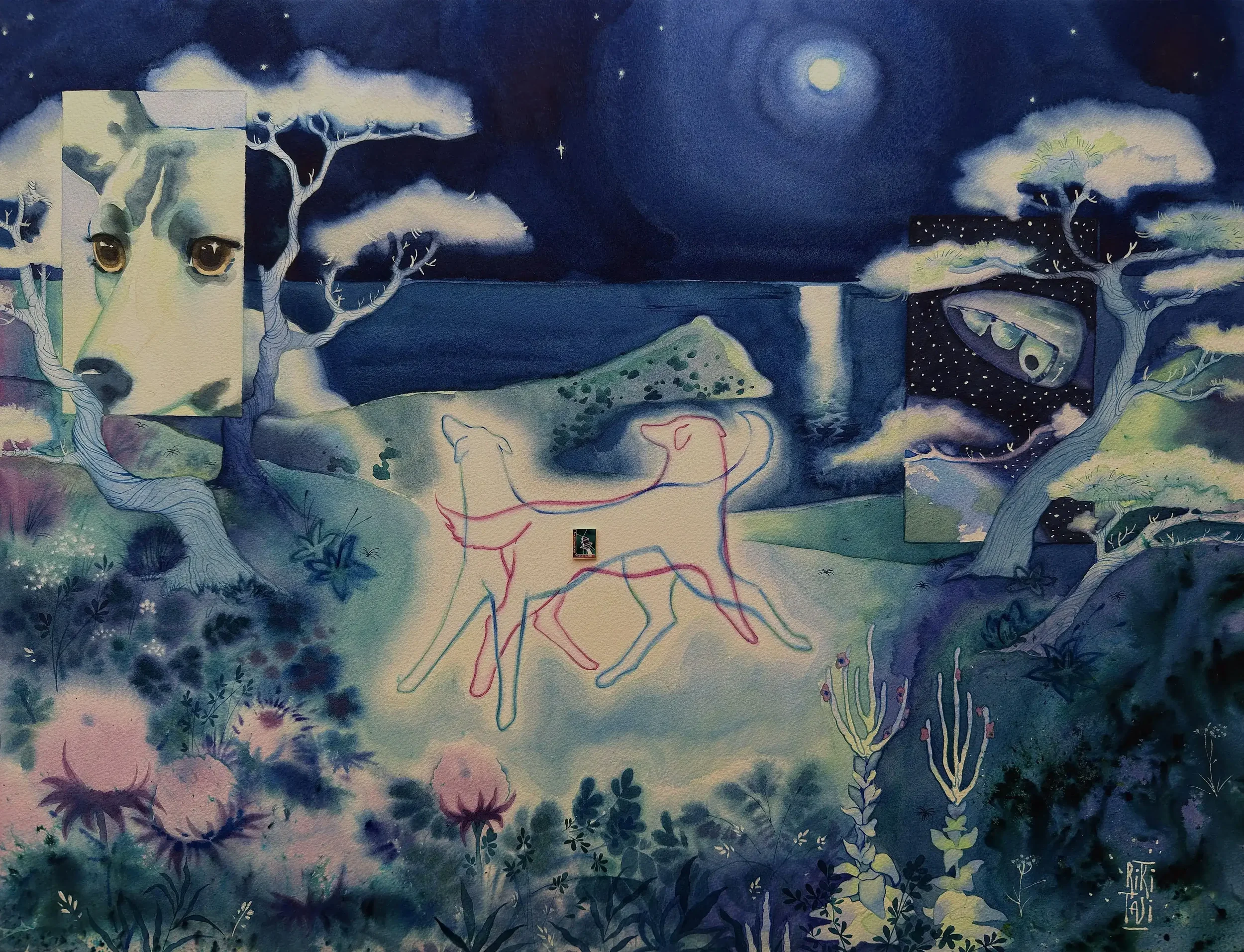 Sputnik-2. Watercolor cotton paper, wooden board. Watercolor, natural pigments, tempera, reactive dye. 2026. 50x65 cm. “Collective unconscious” series.