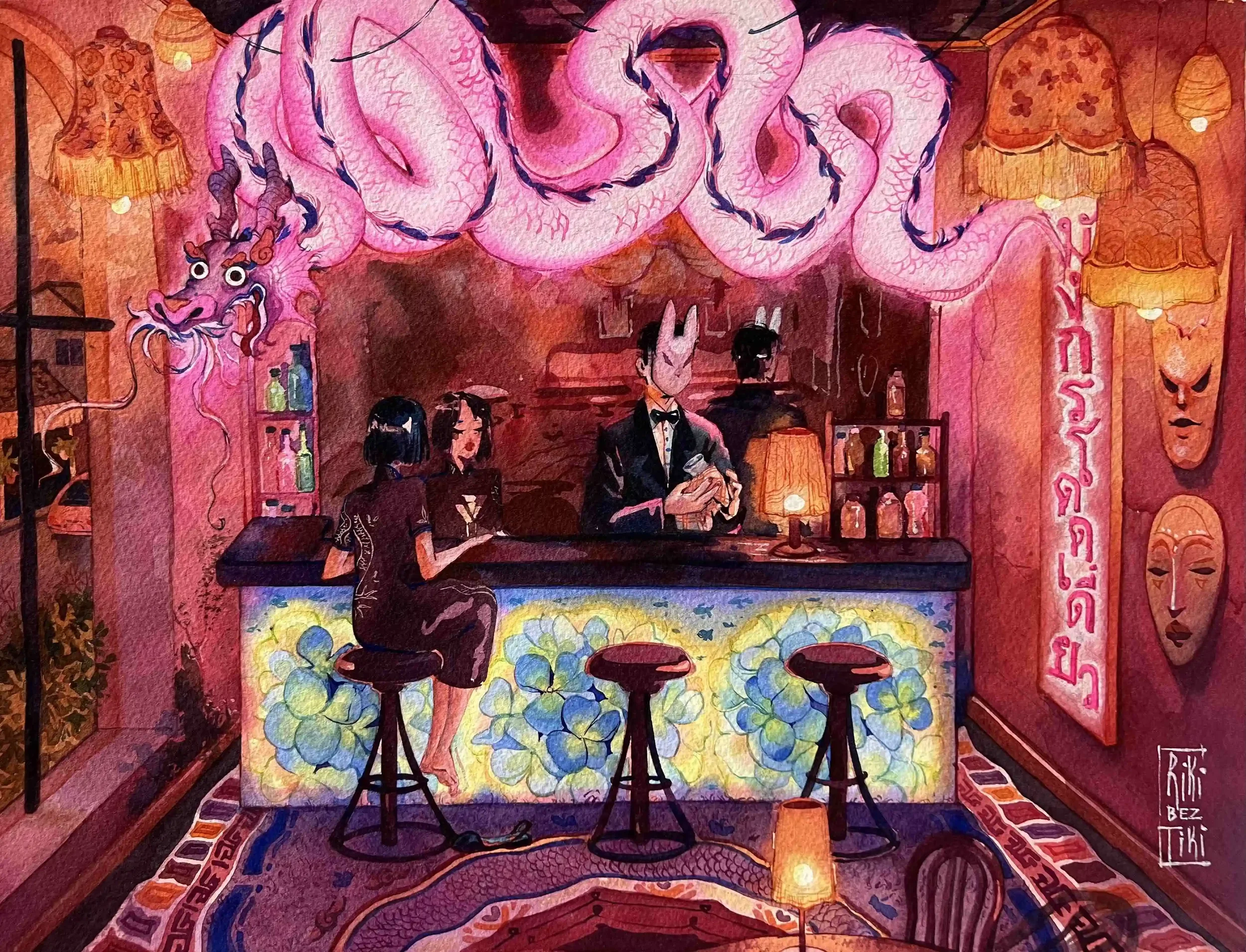 Lonely dragon bar. Watercolor graphic on cotton paper. Watercolor, gouache. 30x40 cm. 2024. “Rooms” exhibition project.