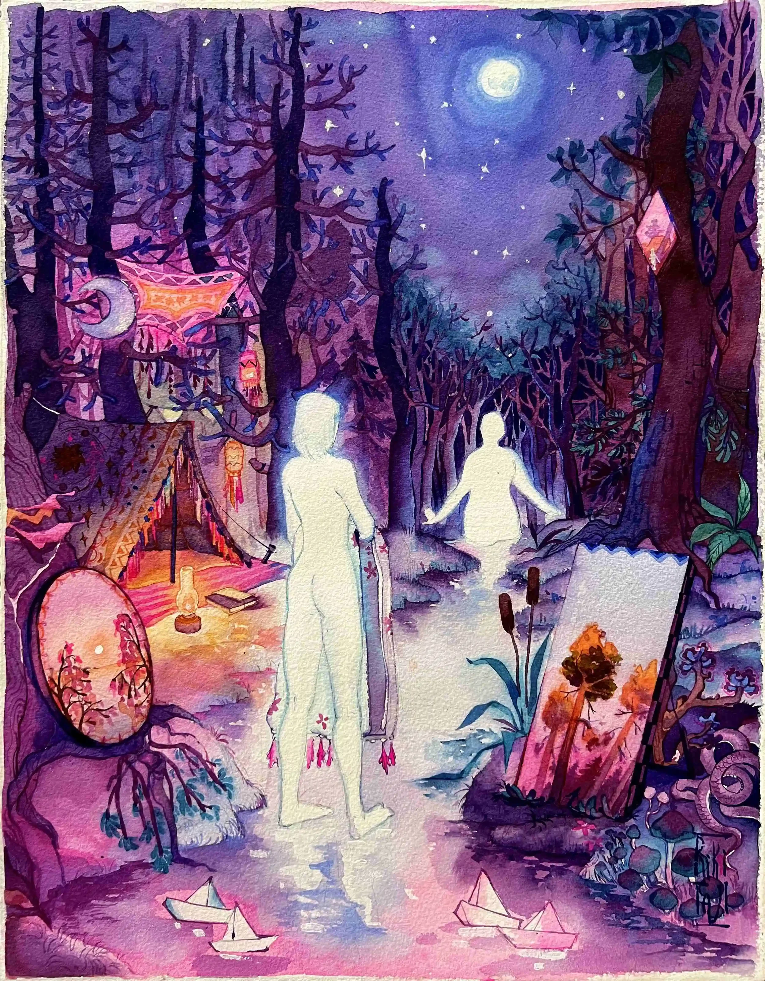 Wandering souls. Watercolor cotton paper. Watercolor, gouache. 2024. 35x45 cm. “Rooms” exhibition project.