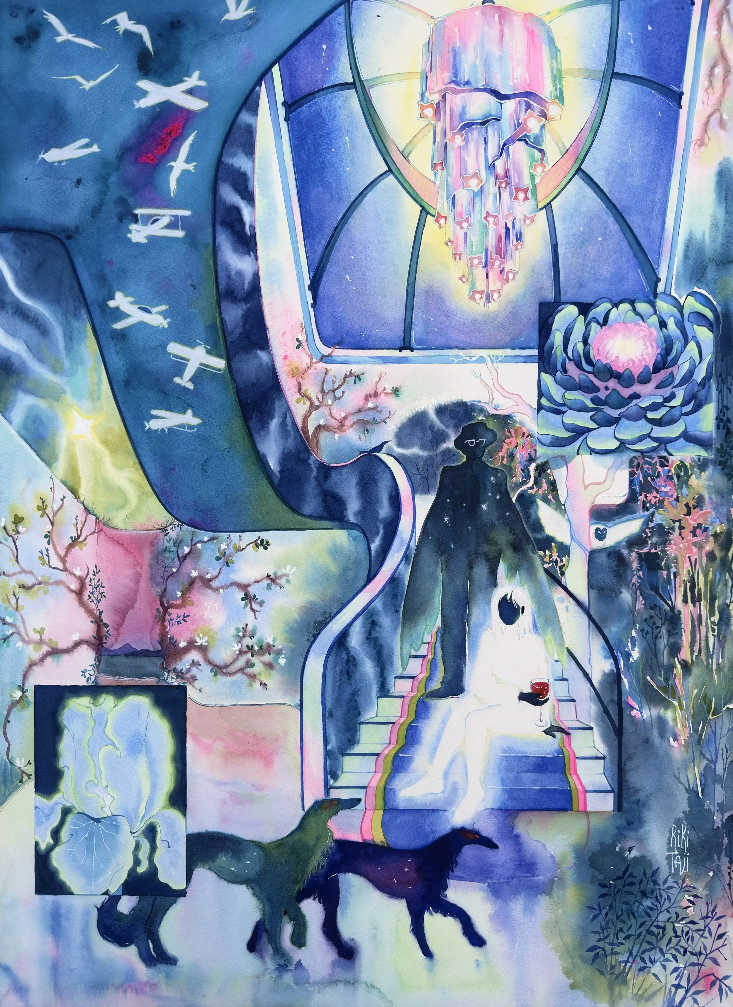 Whispering shadows in endless sleep. Watercolor cotton paper, wooden board. Watercolor, bleach, natural pigments, tempera. 2025. 70x50 cm. “Through the prism of blue eyes” series.