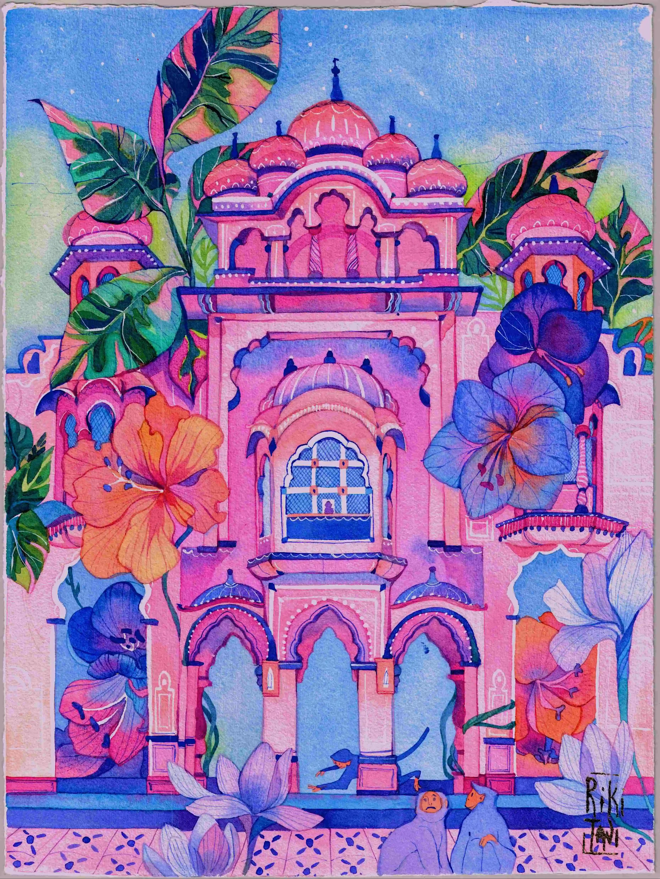 Pink palace. Watercolor graphic on cotton paper. Watercolor. 40x30 cm. 2021.