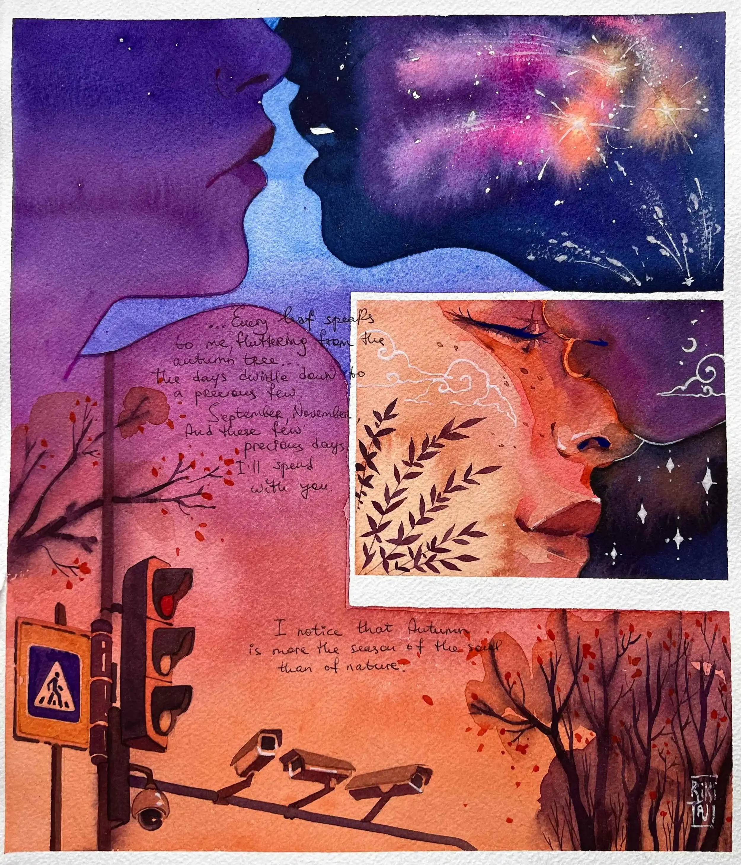 The kiss. Watercolor graphic on cotton paper. Watercolor, ball pen, gouache. 40x30 cm. 2024.