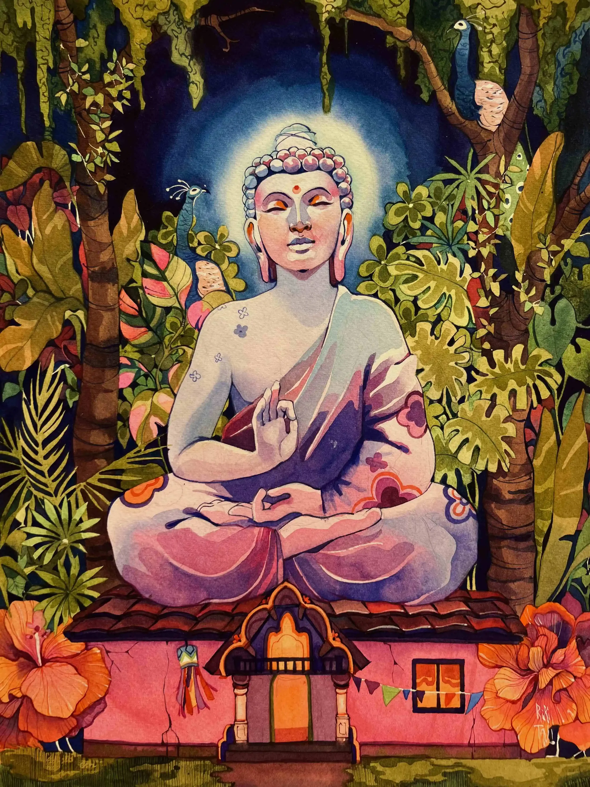 Forest meditation. Watercolor graphic on cotton paper. Watercolor. 40x30 cm. 2023.
