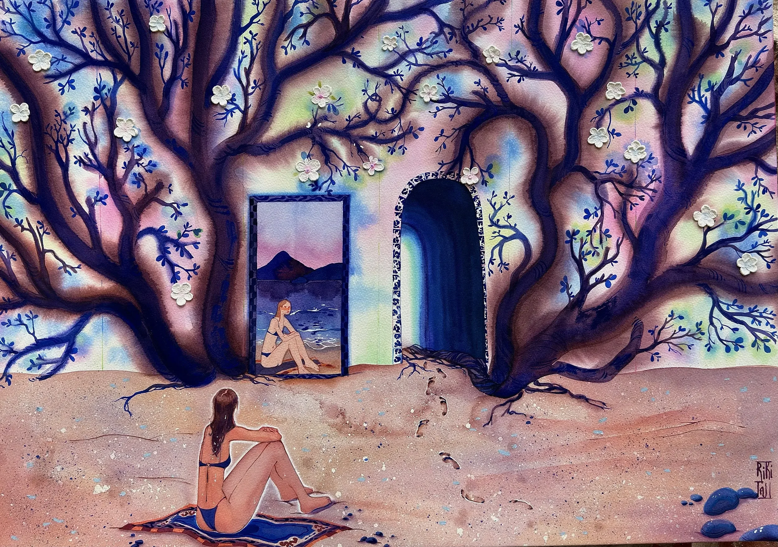 Lovelorn Magnolias. Watercolor cotton paper, wooden board. Watercolor, natural pigments, mixed media. 2025. 50x70 cm. “Through the prism of blue eyes” series.