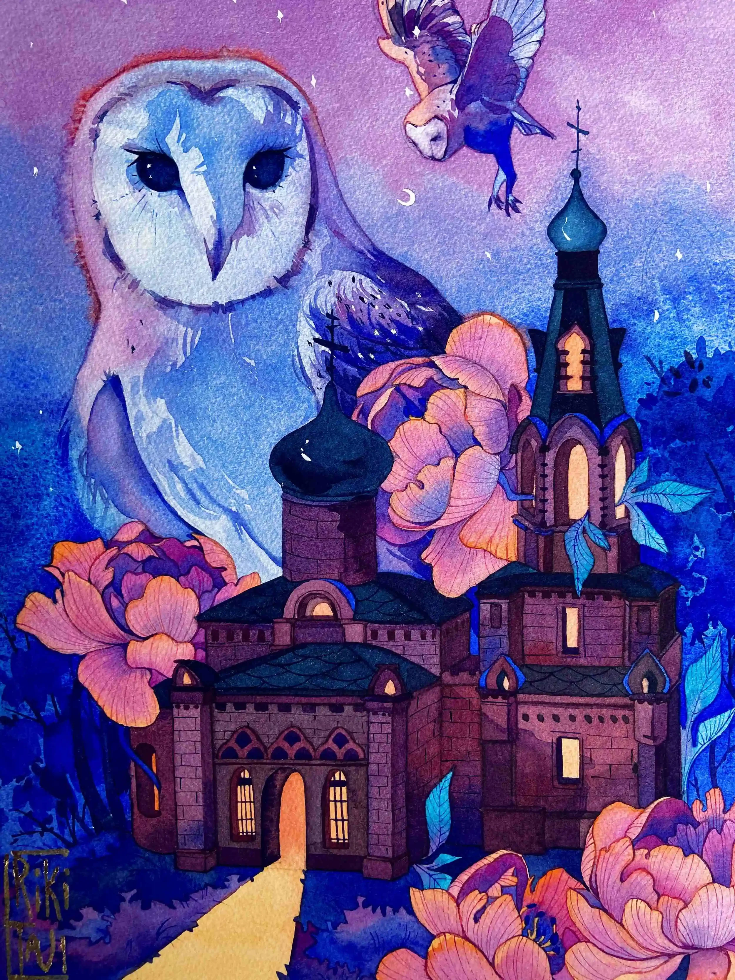 A dream of an owl. Watercolor graphic on cotton paper. Watercolor. 40x30 cm. 2021.