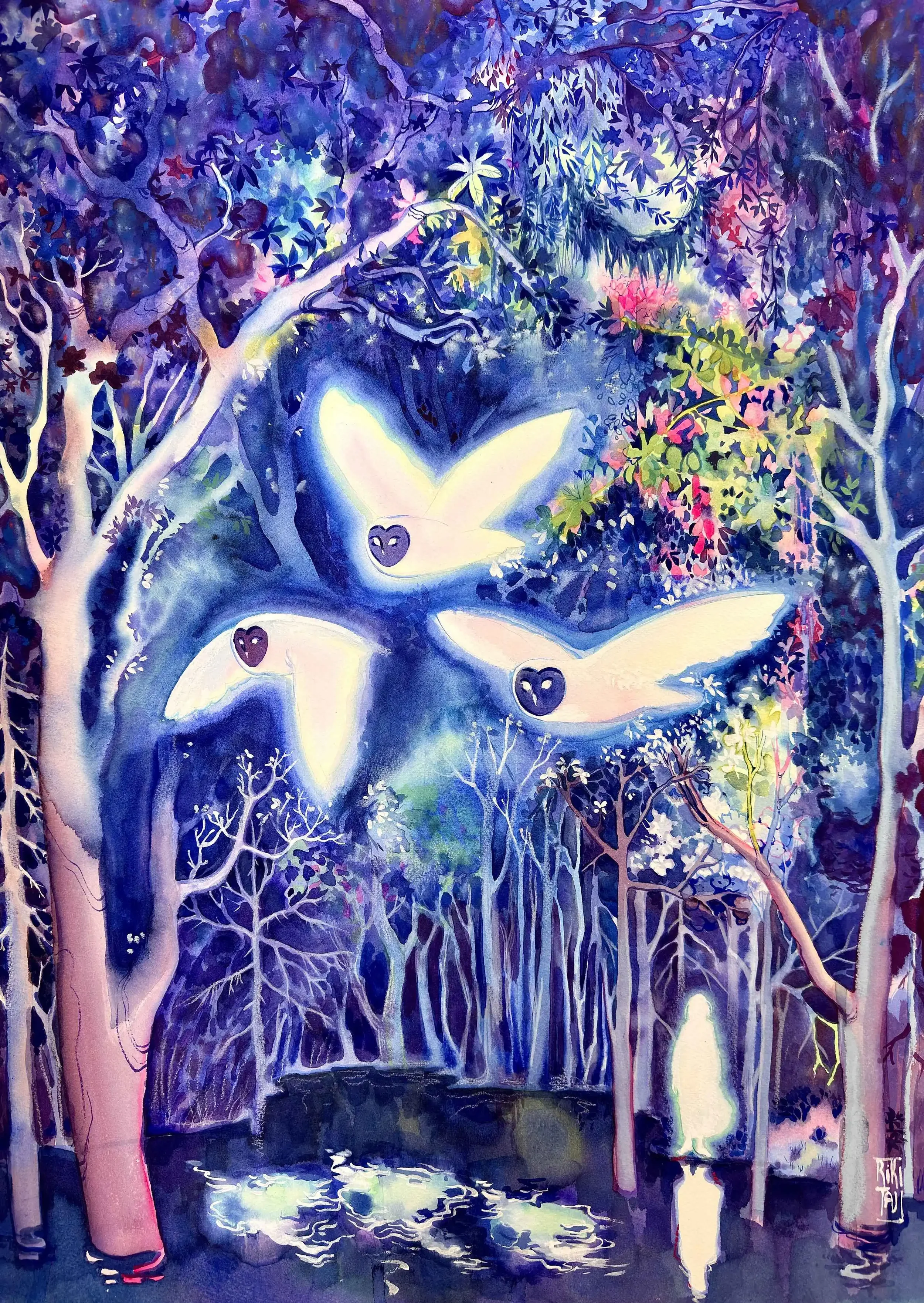 Mindflyers. Watercolor paper, wooden board. Watercolor, mixed media, natural pigments. 2025. 70x50 cm. “Through the prism of blue eyes” series.