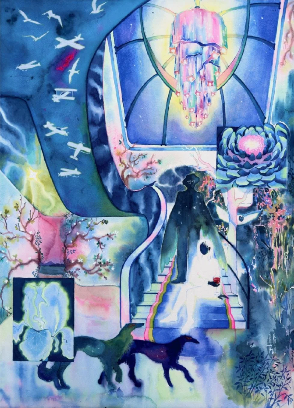 A surreal watercolor painting featuring a staircase leading to a window with a stained-glass skull. Birds are flying on the left, and a person, dressed in dark clothing, is walking down with two dogs. Various abstract and natural elements, including a blooming lotus flower and trees, are integrated into the scene.