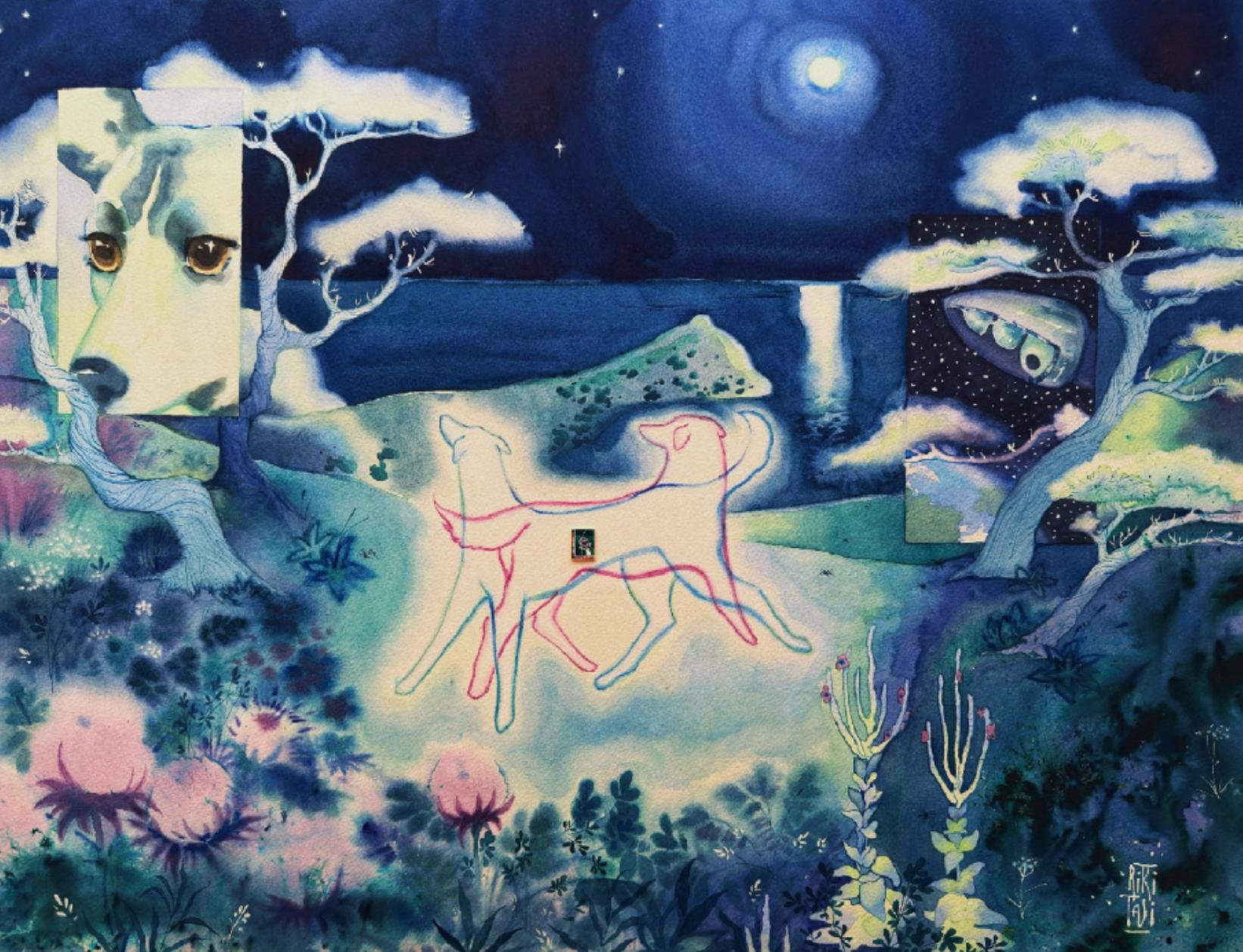 A surreal painting blending realistic and abstract elements of nature and animals. It features a night scene with a full moon and stars, stylized trees, a lake, and abstract depictions of horses, a fish, and disembodied eyes and faces, combined with soft pastel colors and detailed line work.