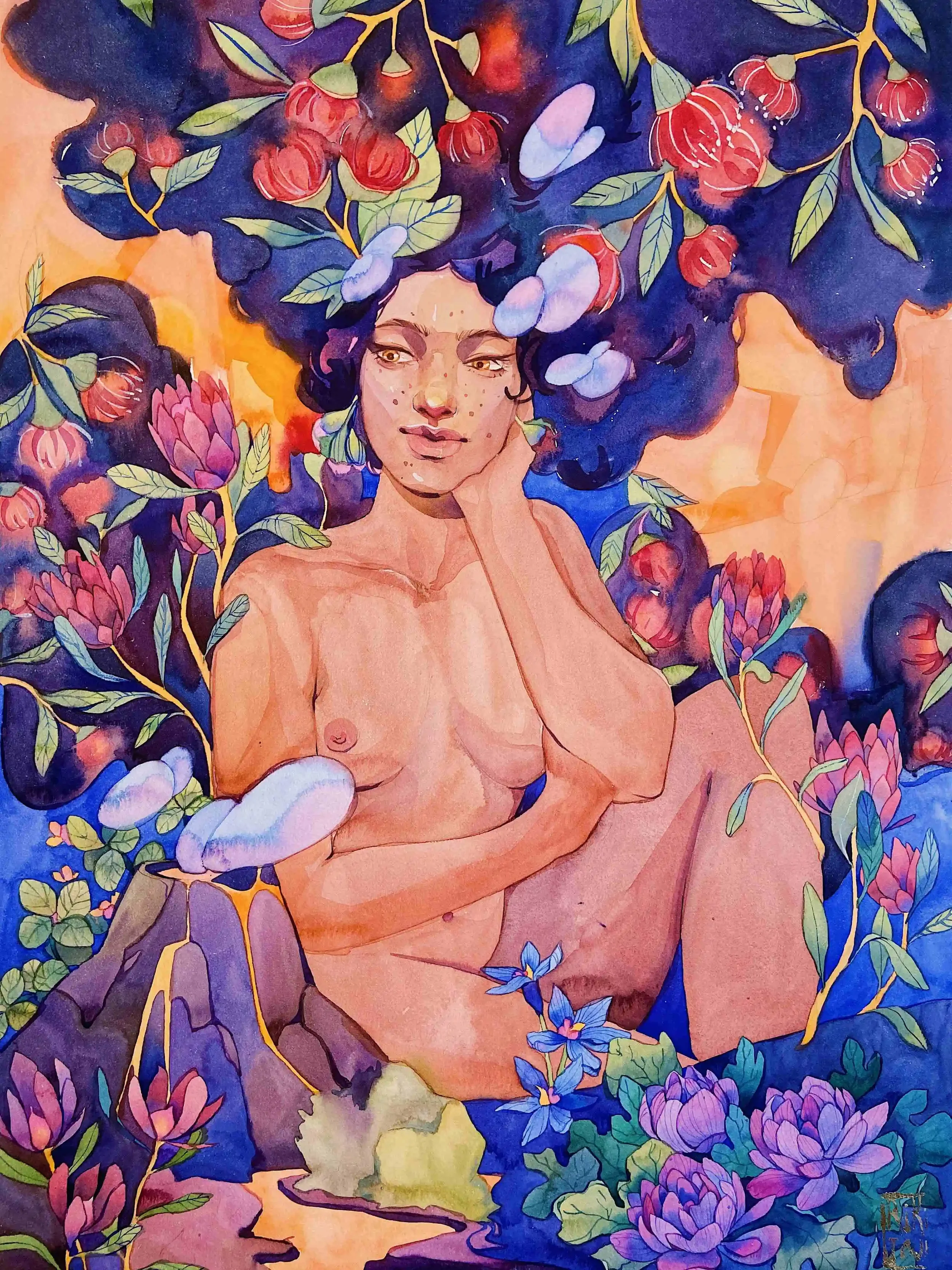 Volcano soul. Watercolor graphic on cotton paper. Watercolor, gouache. 75x55 cm. 2021.