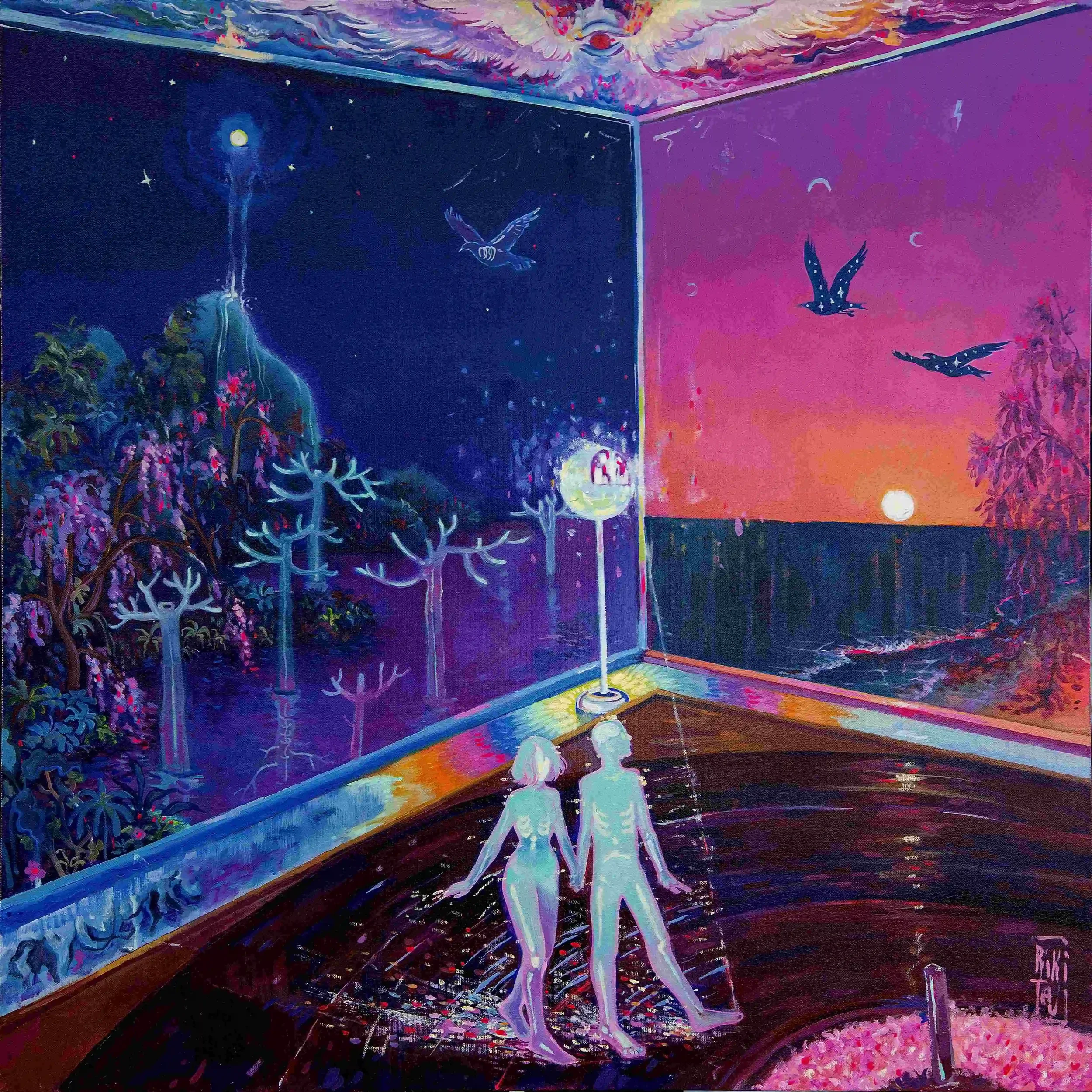 Mirror cube/Walking couple. Canvas on board. Oil paint. 2024. 90x90 cm. “Rooms” exhibition project.