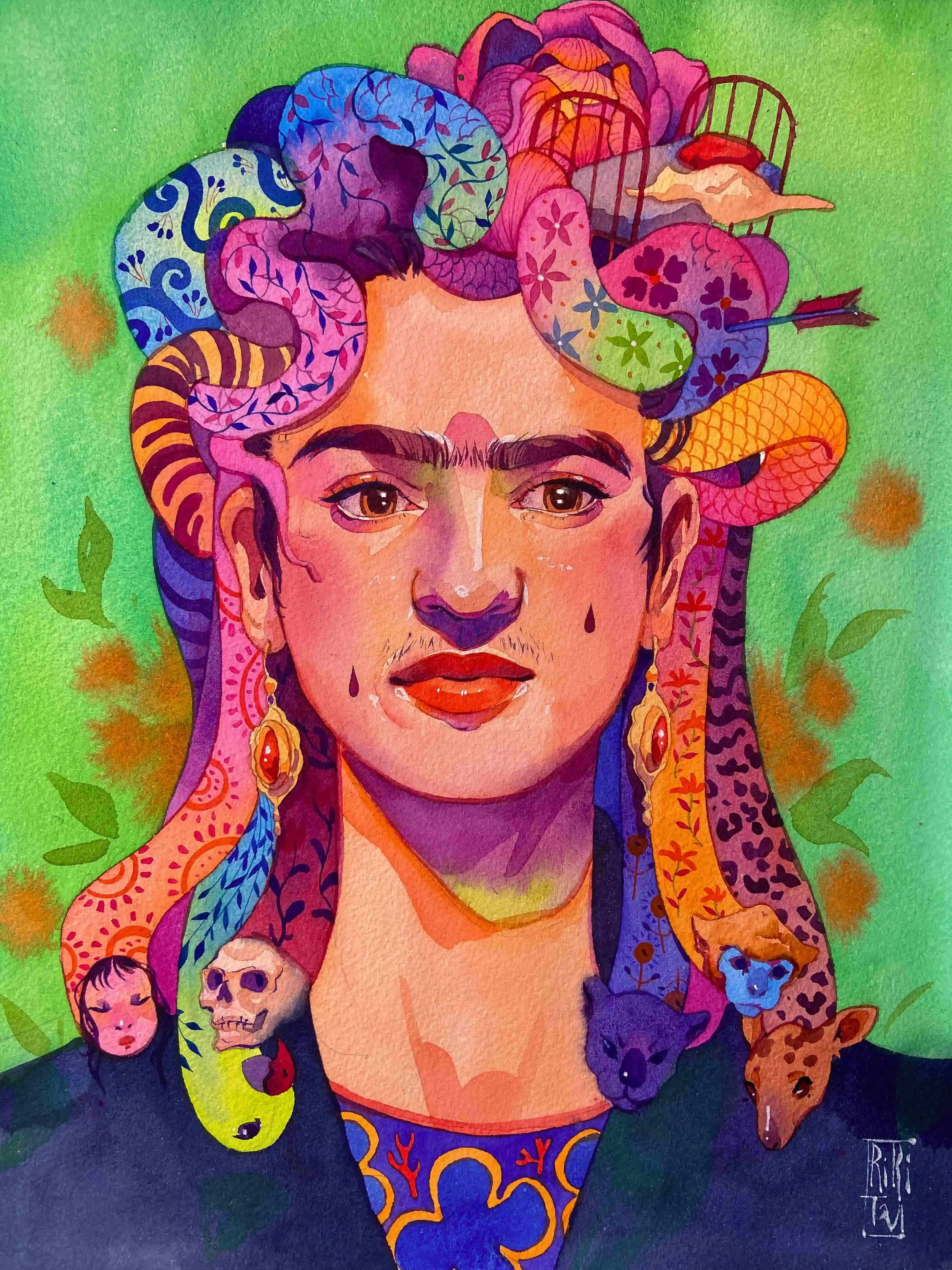 Frida. Watercolor illustration on cotton paper. Watercolor. 40x30 cm. 2022.