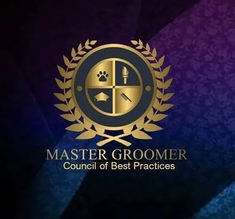 A gold emblem with a dog paw, grooming scissors, and a comb inside a circle, surrounded by a laurel wreath, with the text "Master Groomer" and "Council of Best Practices" underneath.