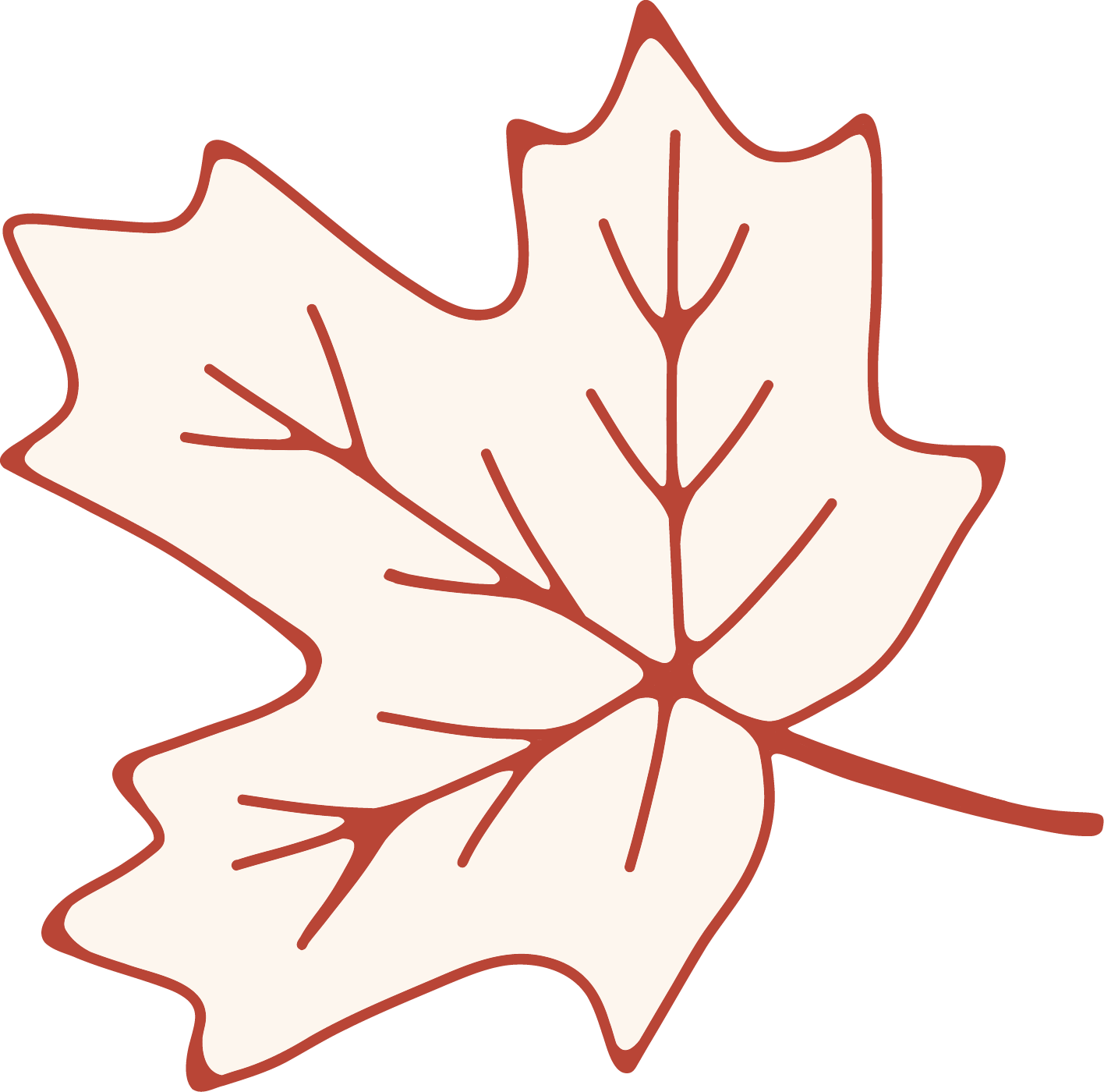 Illustration of a maple leaf outlined in brown and filled with a cream color.
