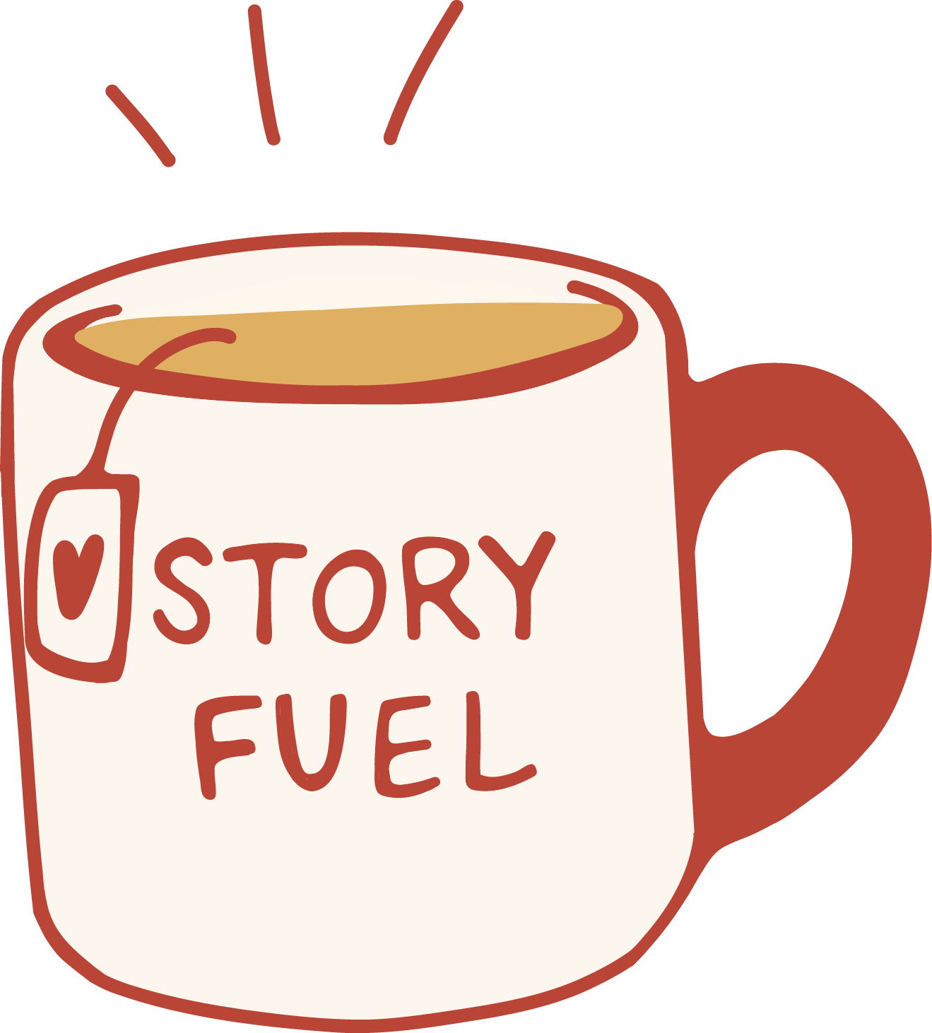 A white coffee mug with a brown handle and text that reads 'STORY FUEL'. A tea bag tag with a heart symbol hangs on the mug. Hot coffee or tea is inside, with steam rising from it.