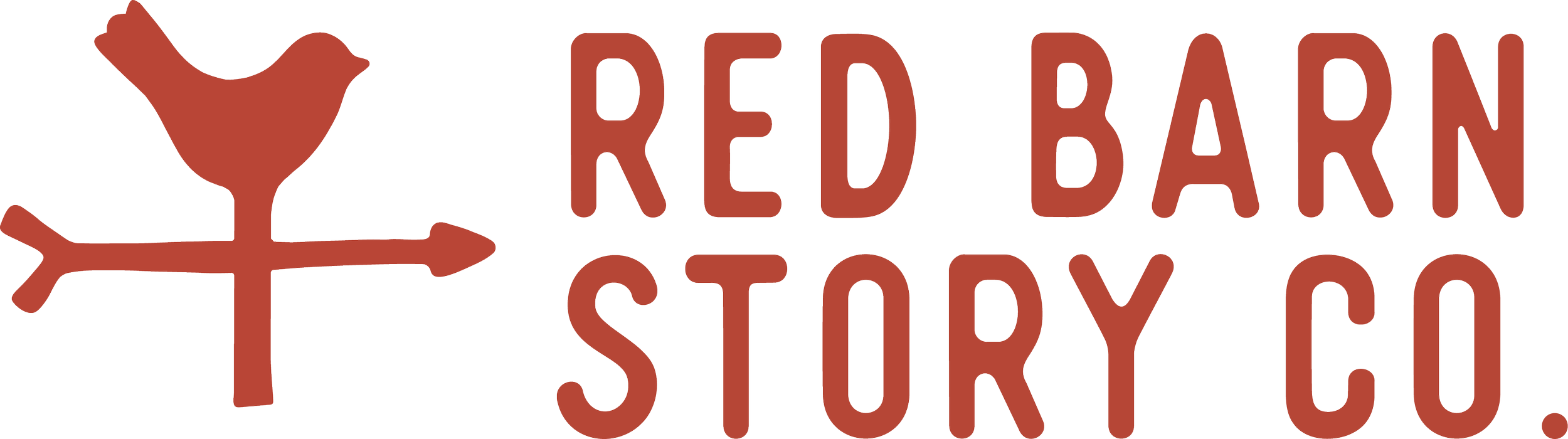 Logo for Red Barn Story Co. with a stylized red barn and weather vane.