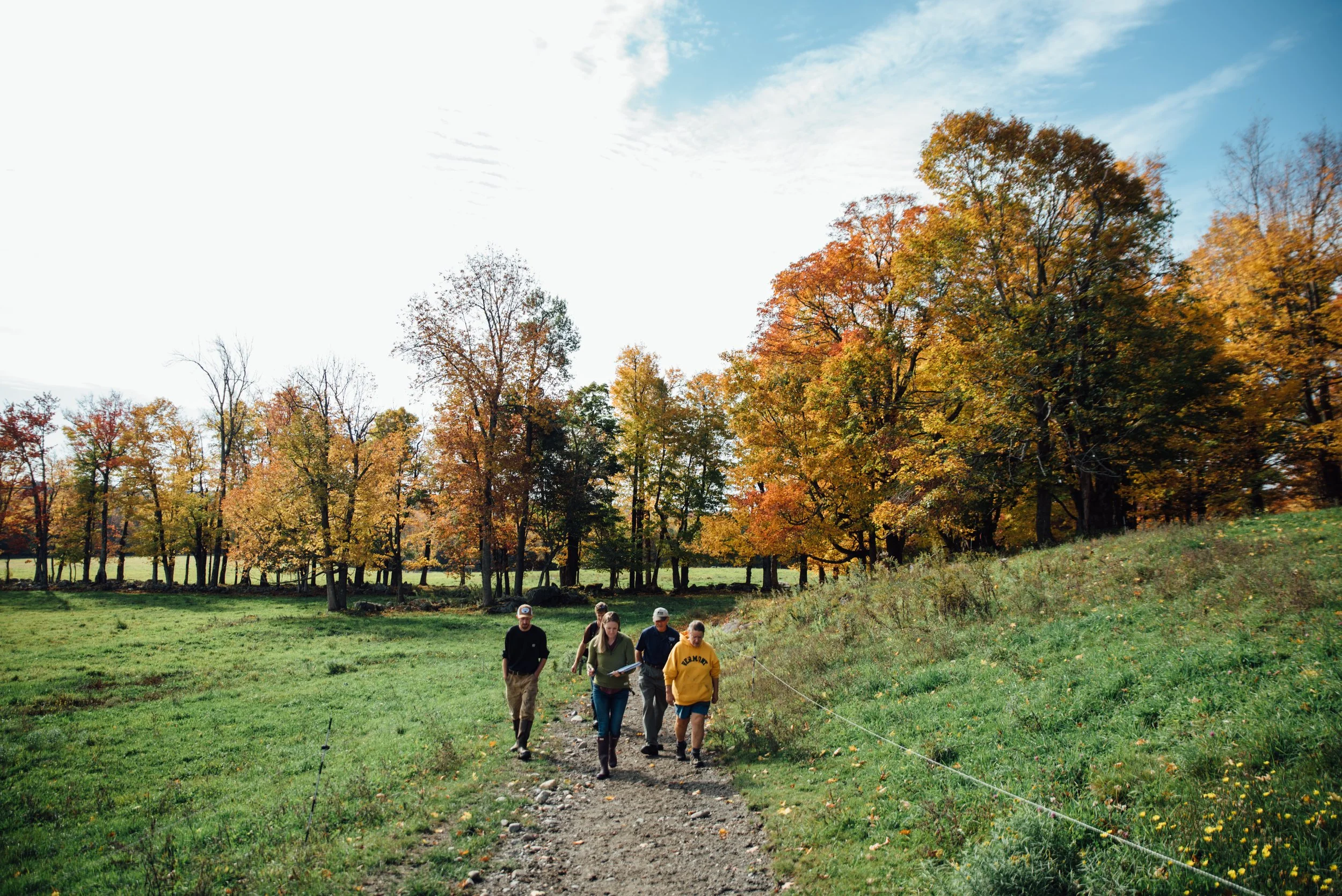 A group of five people hiking along a trail in a park with colorful autumn trees in the background.