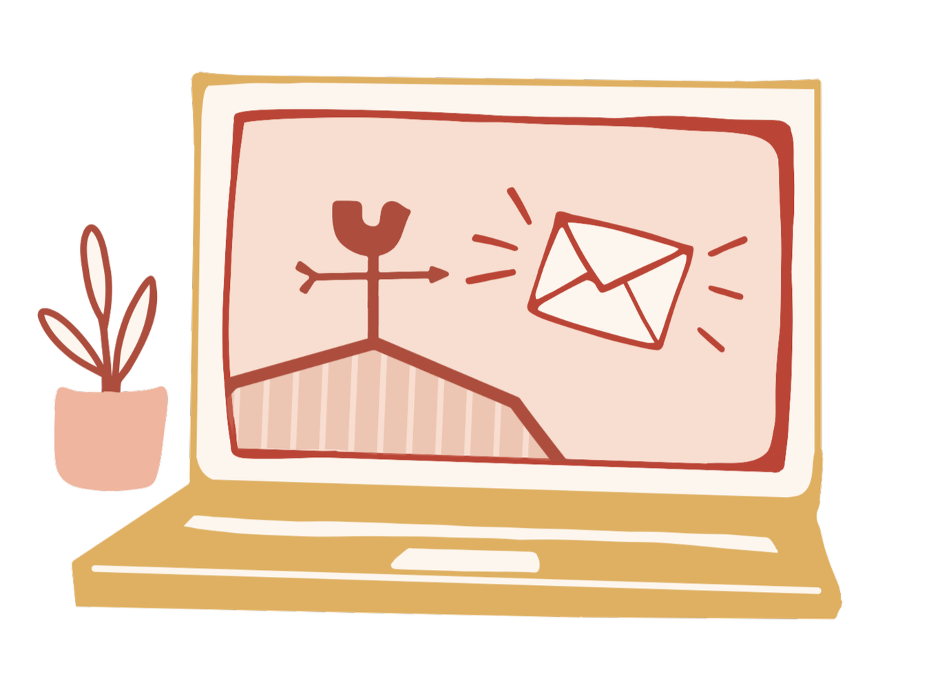 Laptop displaying mail icon connected to a person icon, with a potted plant beside it.