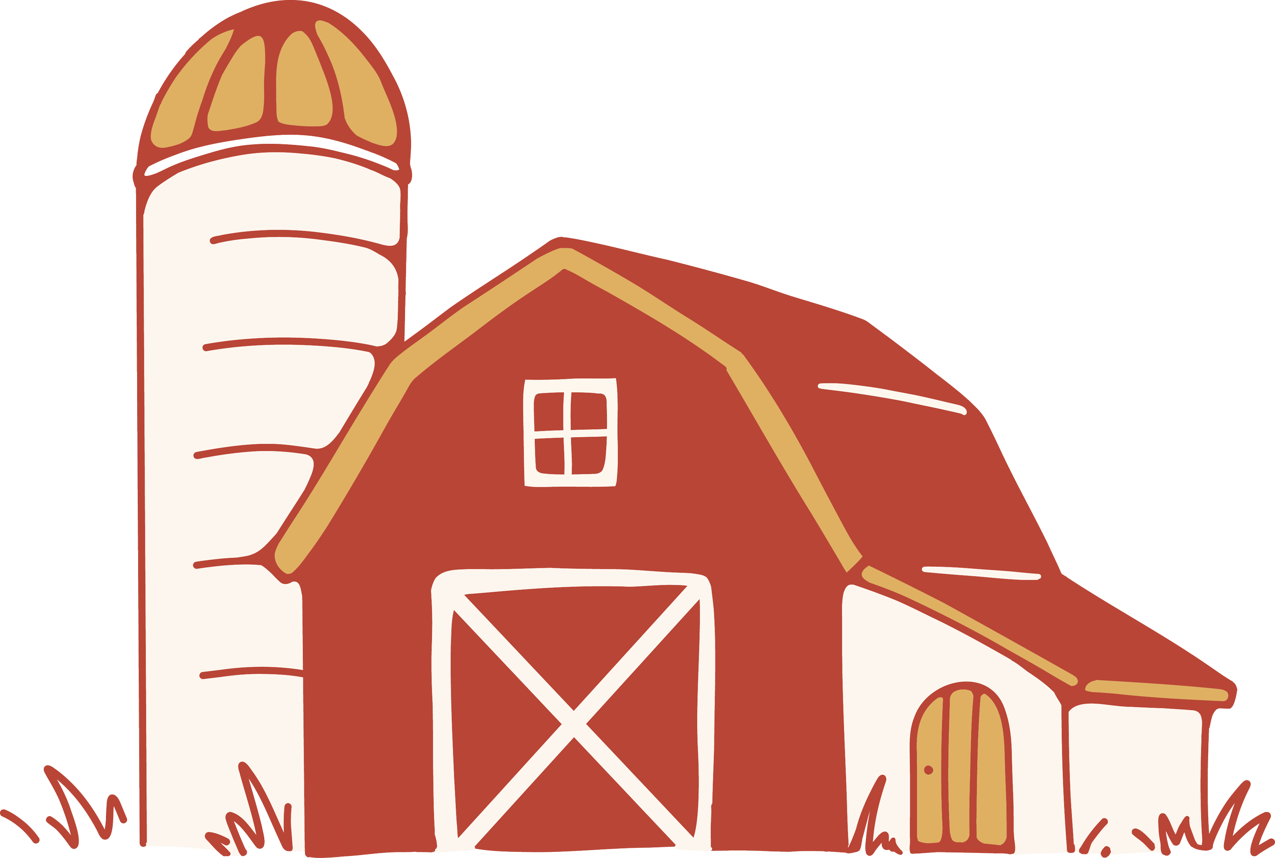 Illustration of a barn with a silo on the left side, featuring a window, and grassy ground at the base.