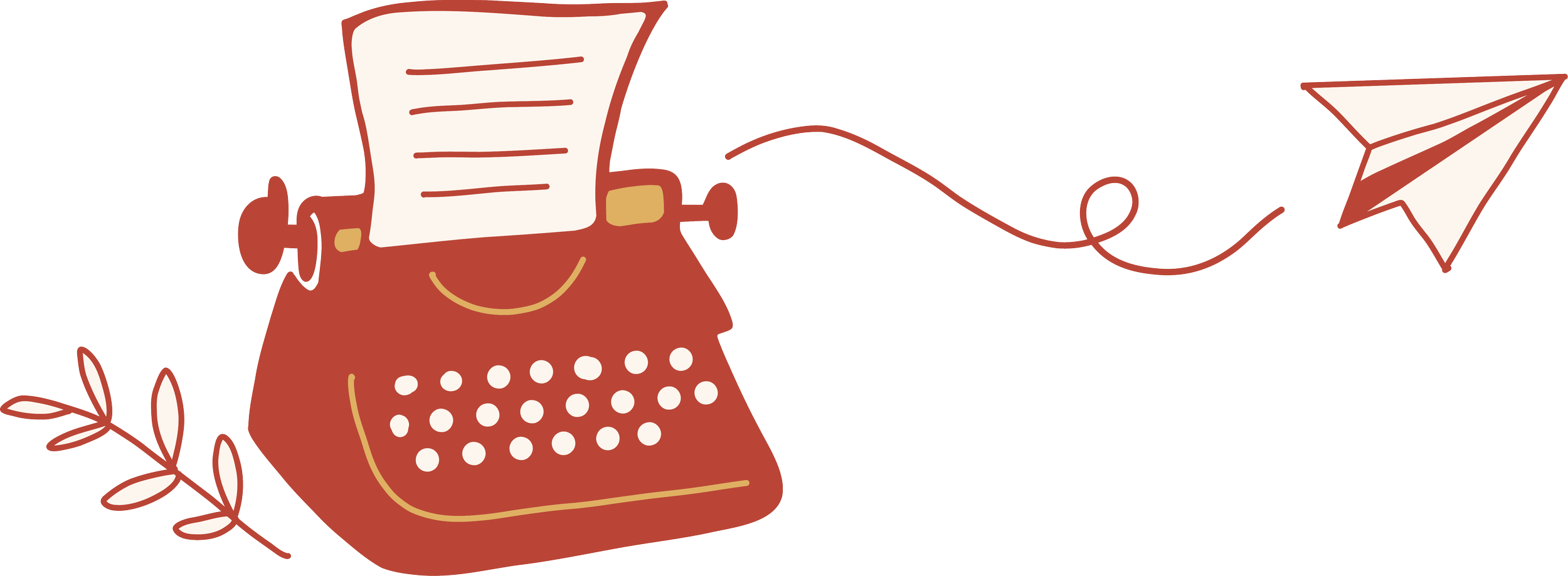 A whimsical illustration of a vintage typewriter with a sheet of paper in the roller, surrounded by simple decorative leaves and a paper airplane flying away from the typewriter.
