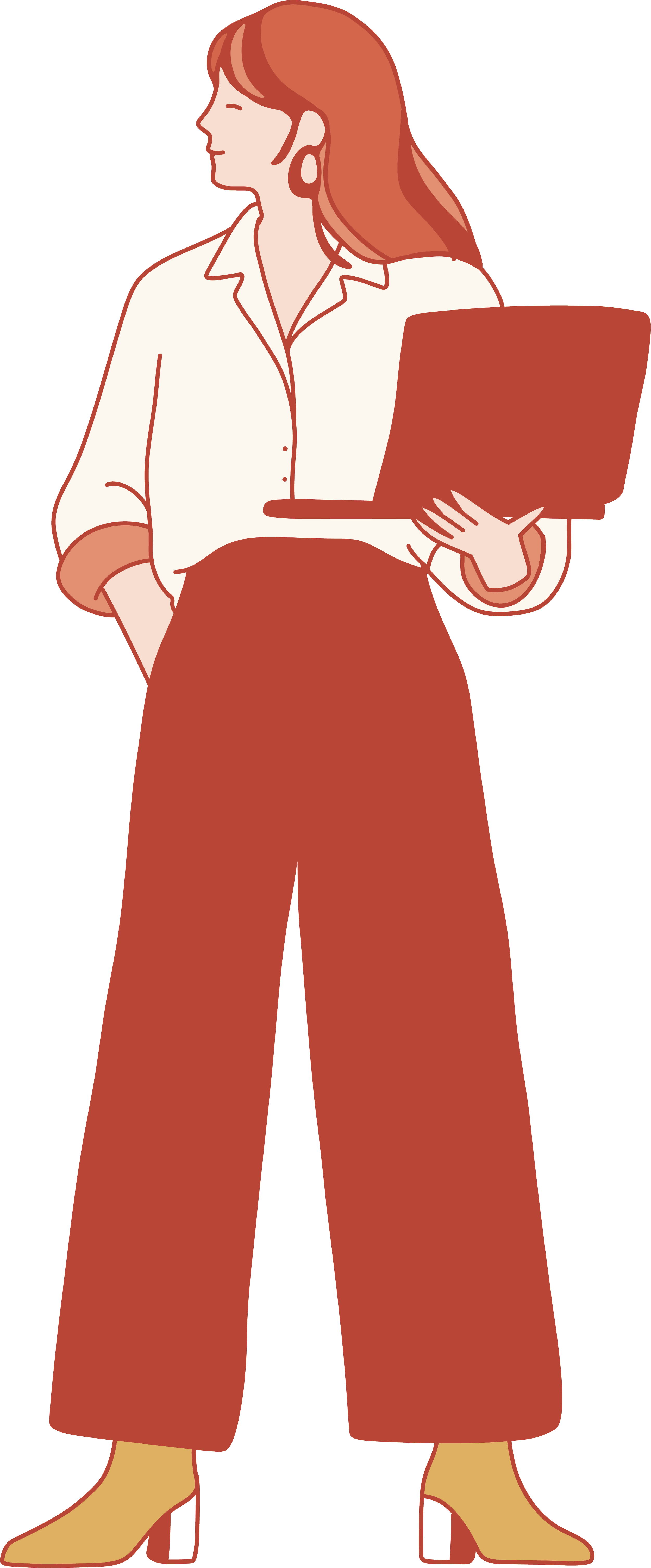 Illustration of a woman with reddish hair wearing a white blouse, high-waisted rust-colored pants, beige boots, and holding a laptop in her right hand.