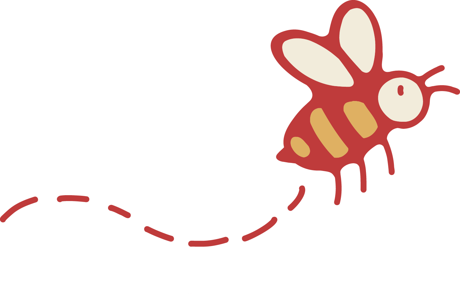 Illustration of a cute, cartoon-style bee with a dashed line showing its flight path.
