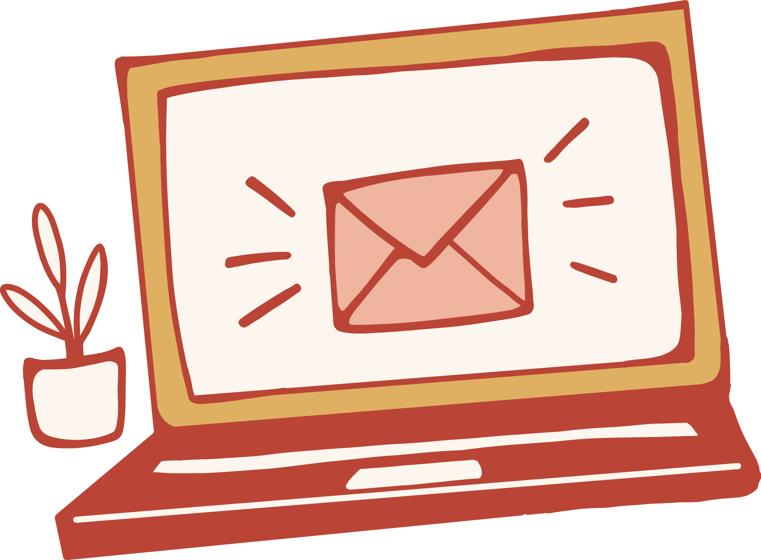 A cartoon illustration of a computer monitor displaying an envelope icon, with a small potted plant beside it.