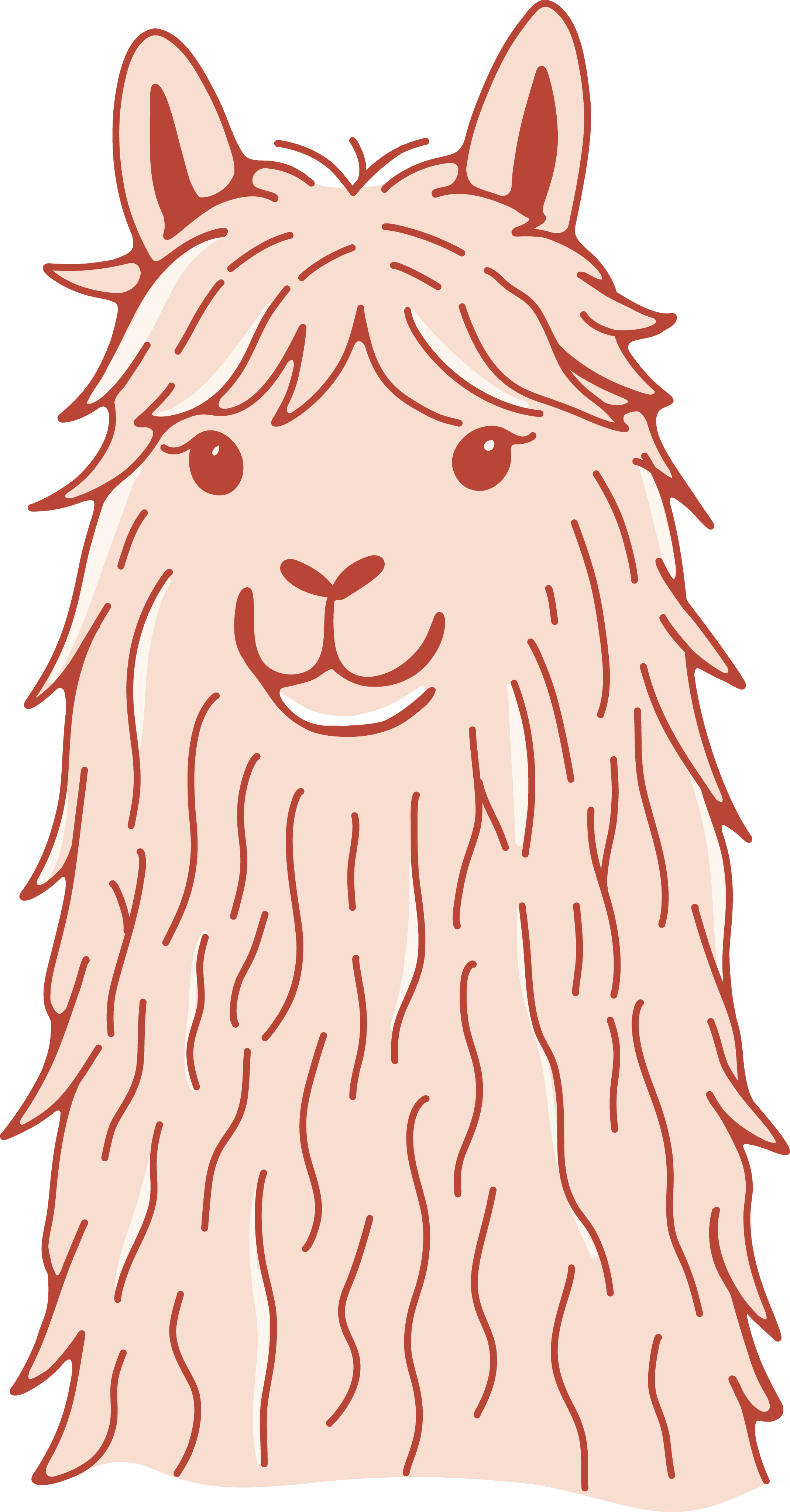 An illustration of a cute, stylized llama with a fluffy, long mane and a friendly expression.