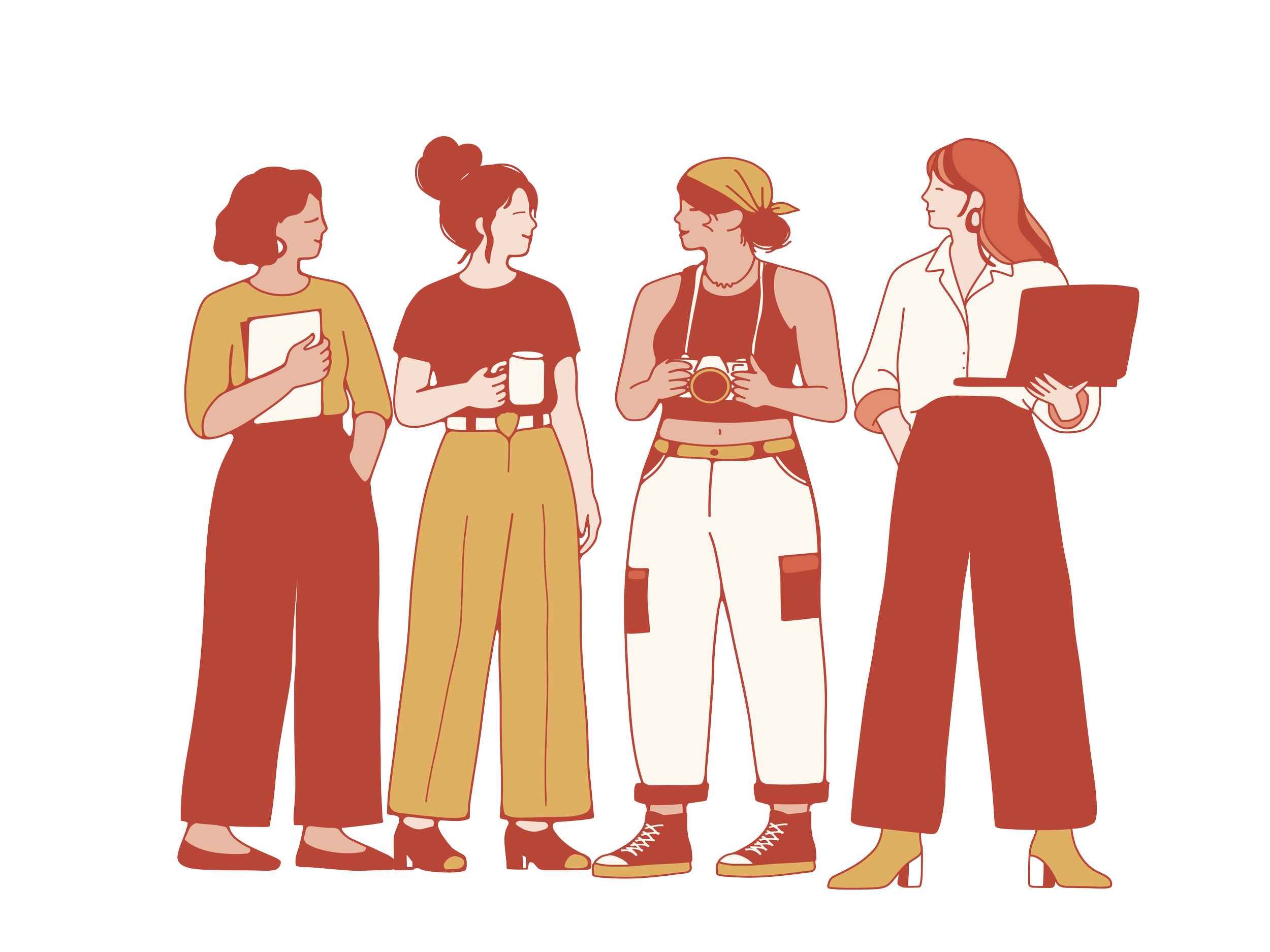 Illustration of four creative women standing together, each with different hairstyles and outfits, engaging in conversation.