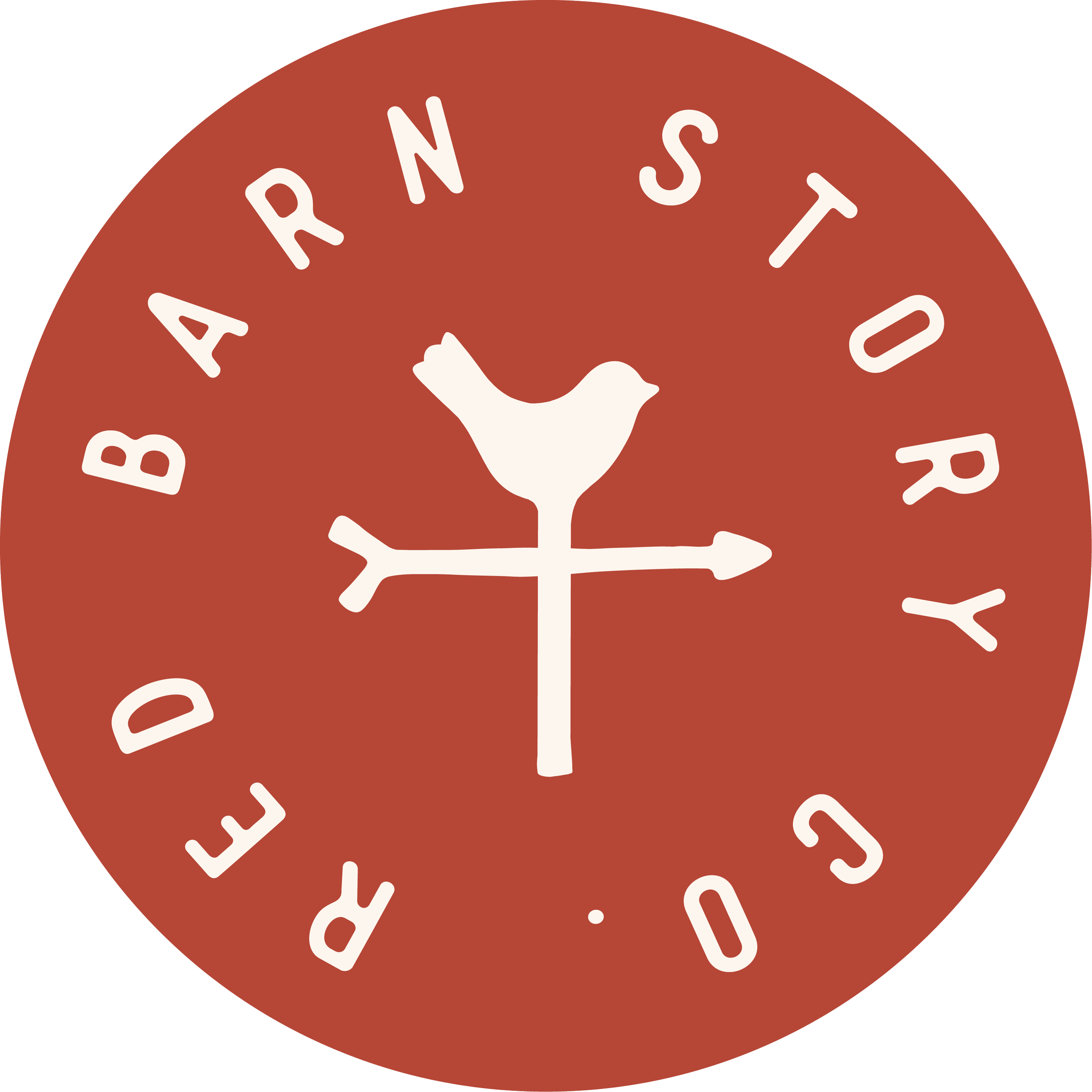 Circular beige badge with the words "RED BARN STORY CO."