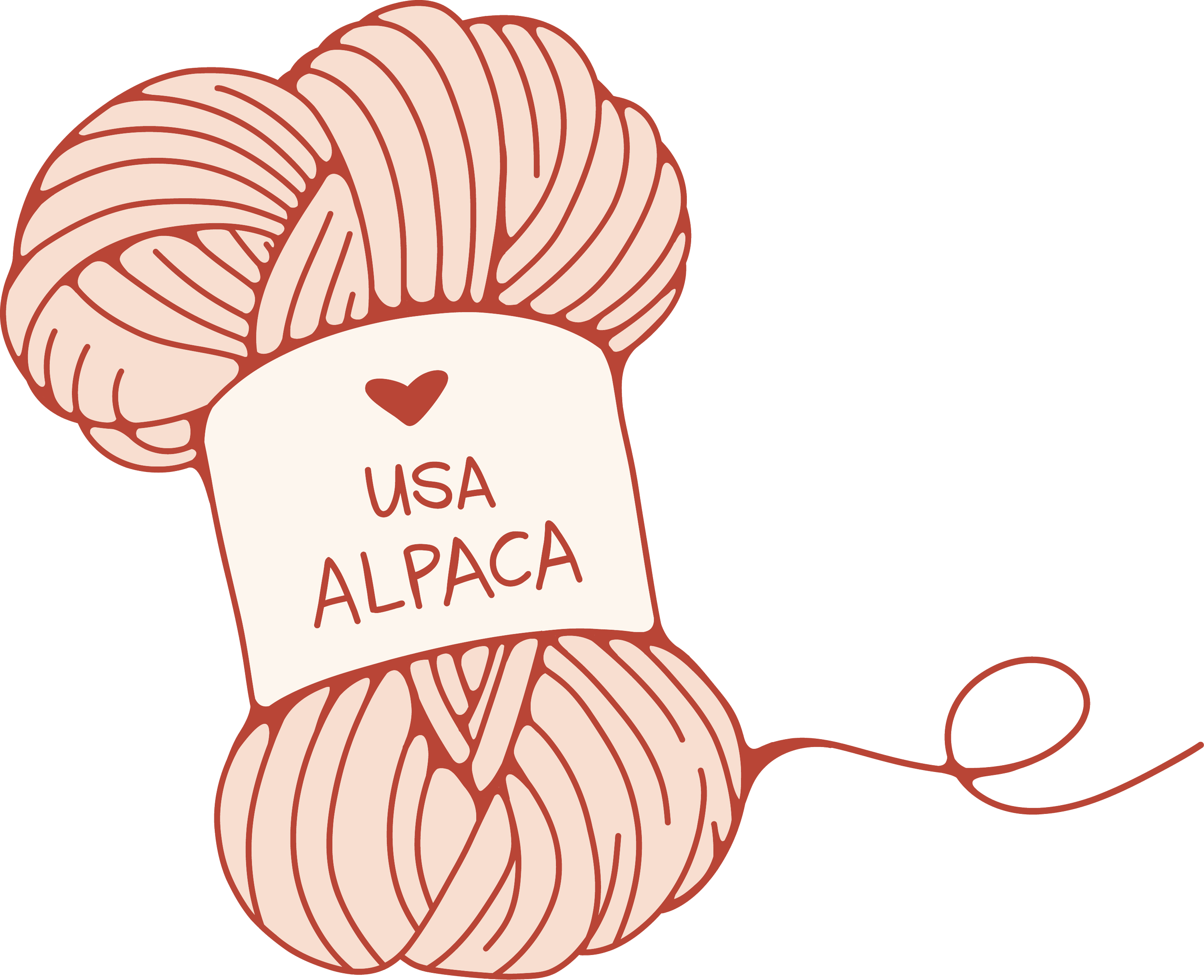 Illustration of a skein of yarn with a white label reading "USA ALPACA" and a small heart symbol