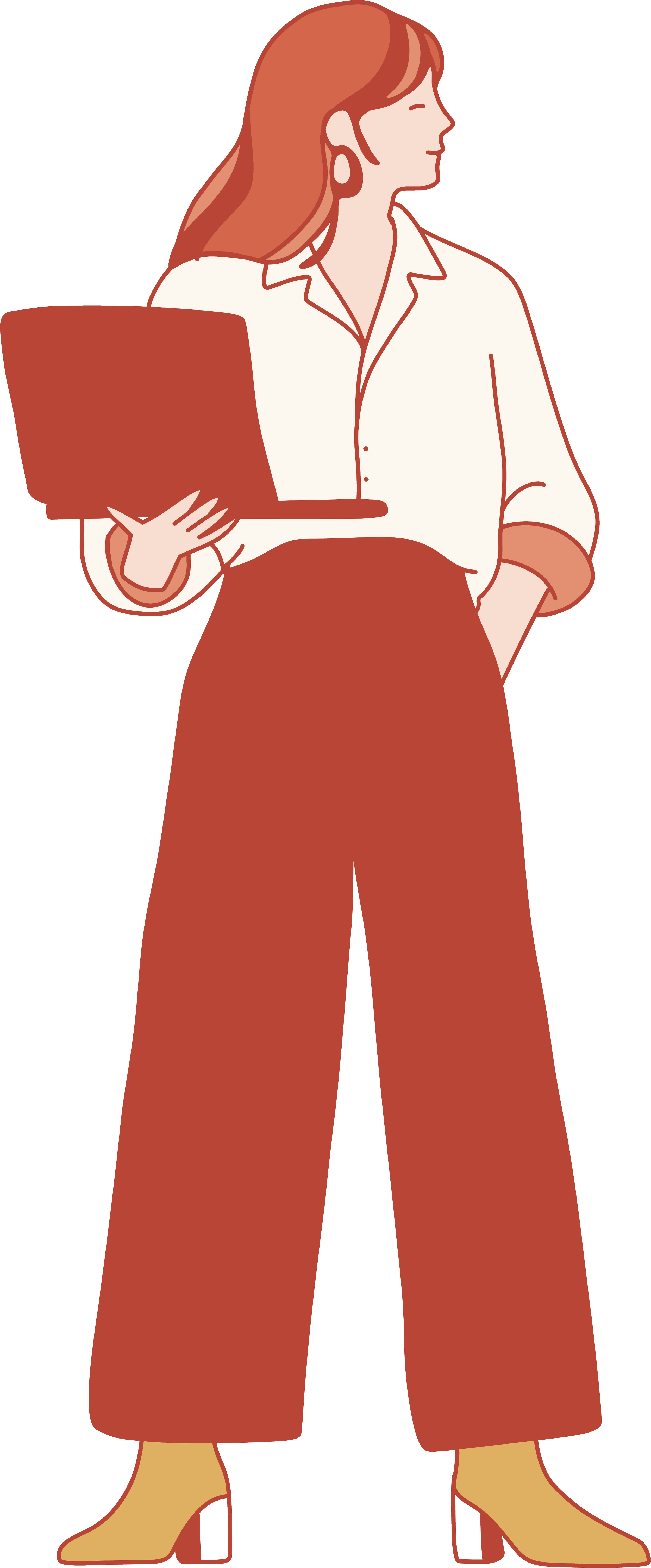 An illustration of a woman with long hair, wearing a white blouse and high-waisted wide-leg pants, holding a brown laptop in her right hand.