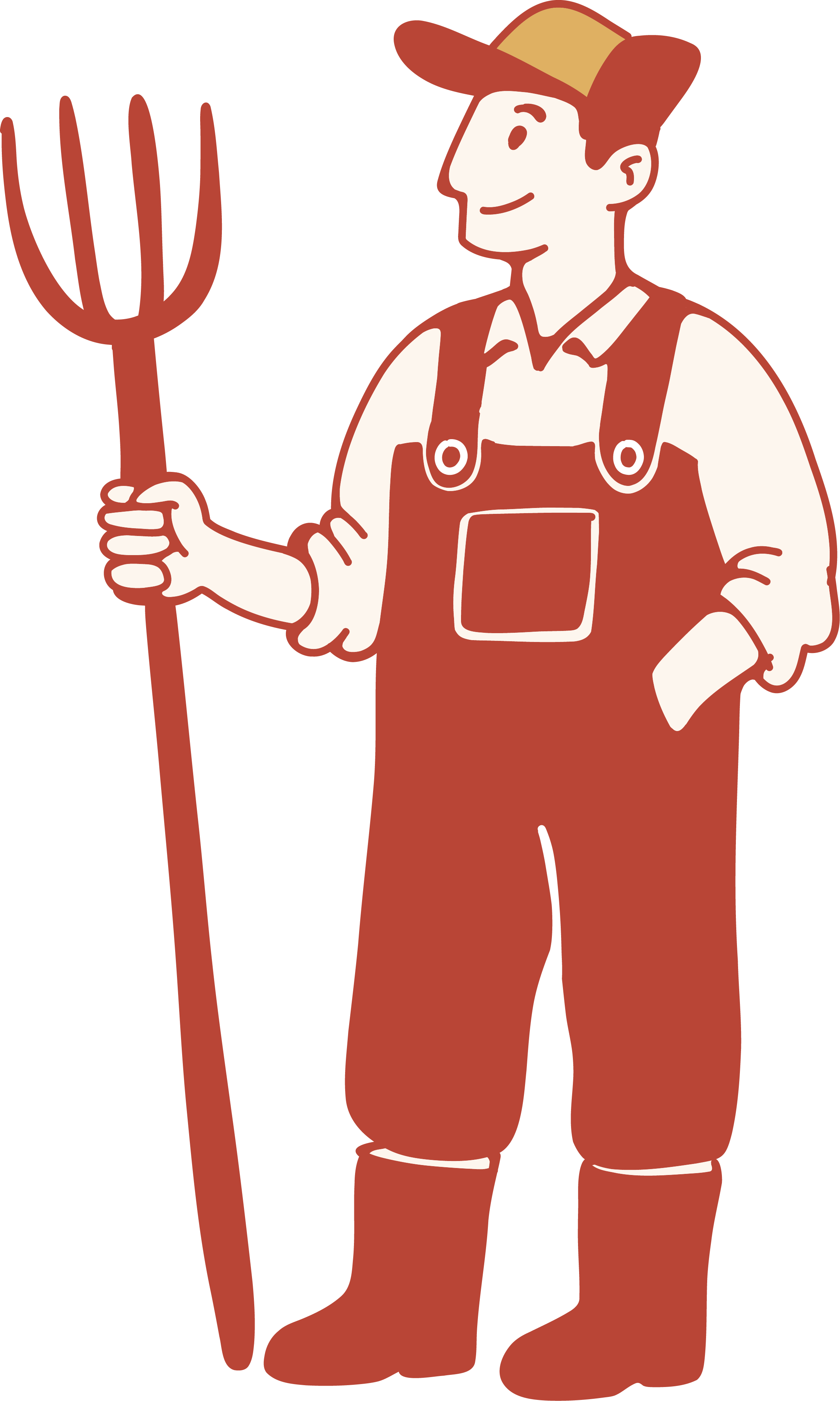 Illustration of a farmer wearing overalls and a hat, holding a pitchfork.