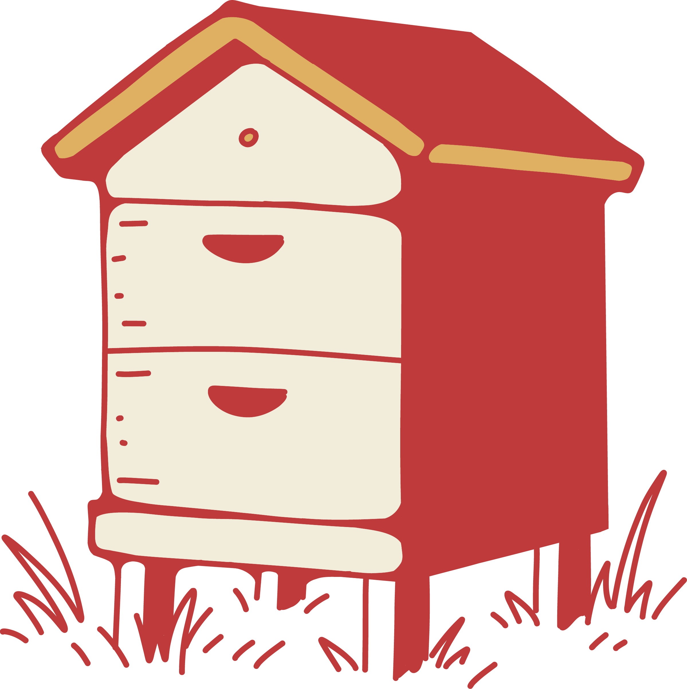 Digital illustration of a red and white house with a red roof, front porch, and a garden with grass and flowers.