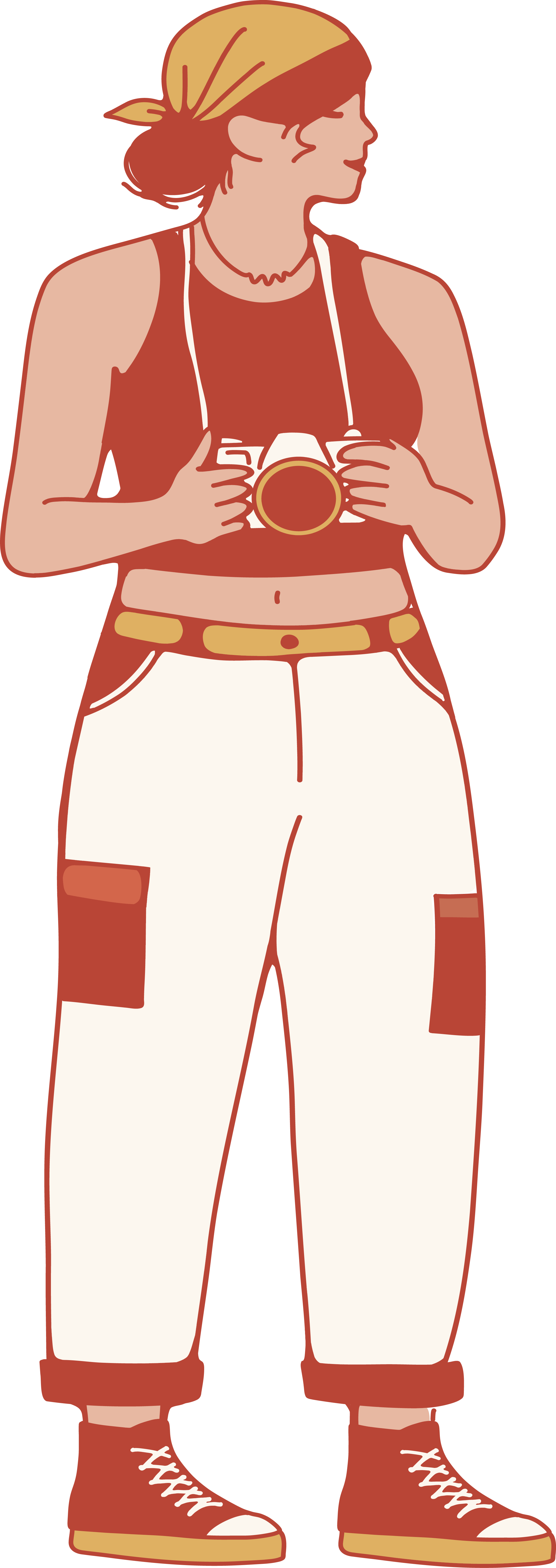 A woman wearing a yellow headband, a red sleeveless top, white cargo pants with red pockets, red boots, and holding a camera.