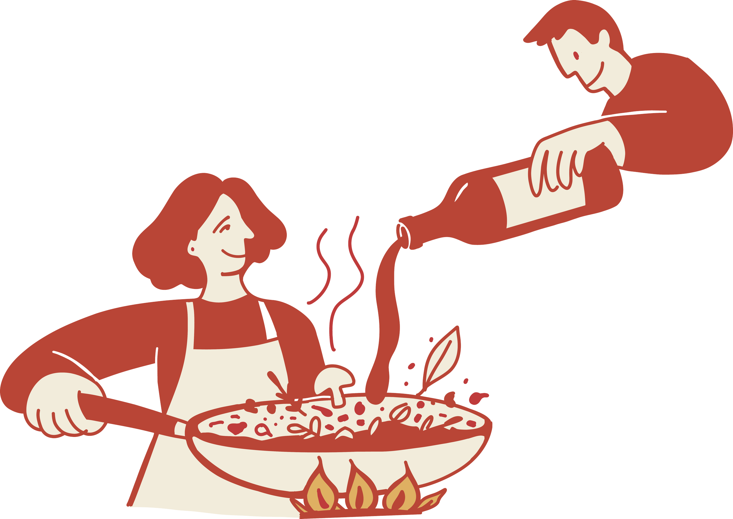 An illustrated woman cooking pizza with a man pouring sauce from a bottle and a fire underneath the pizza.