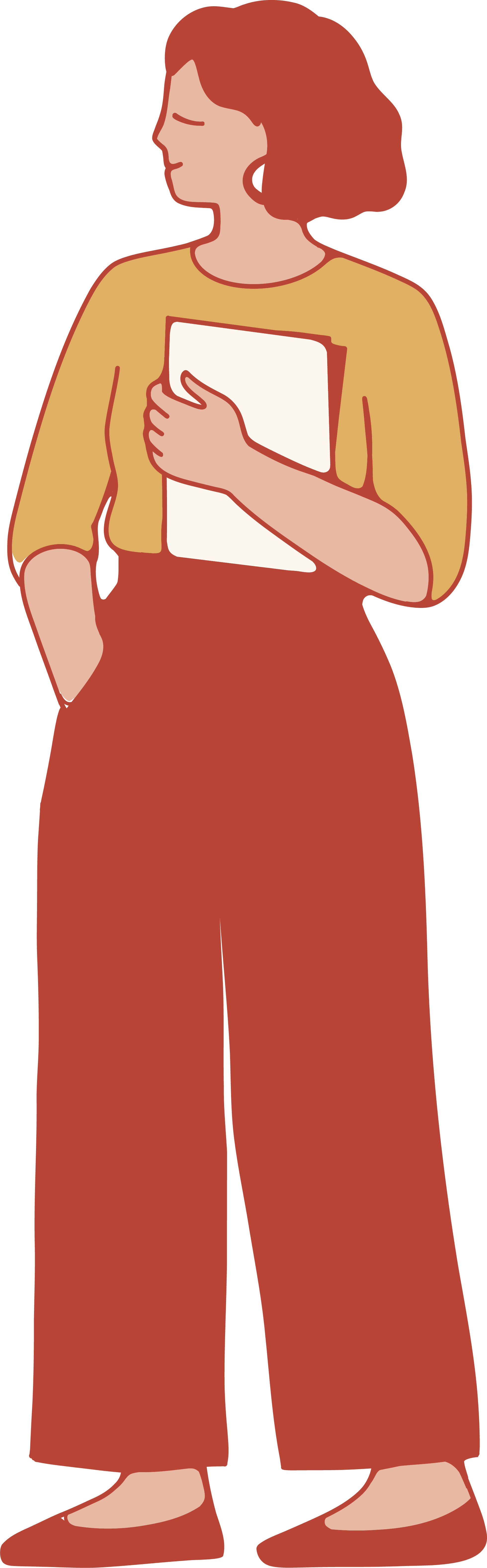 Illustration of a woman with red hair, wearing a yellow top and red pants, holding a white folder close to her chest.