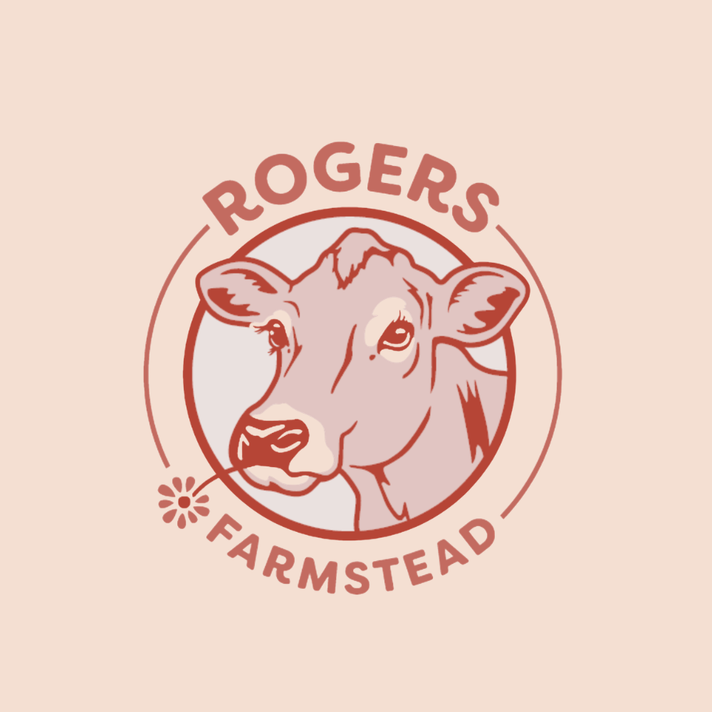 Logo for Rogers Farmstead featuring a stylized illustration of a cow's head inside a circle, with the words 'Rogers" 