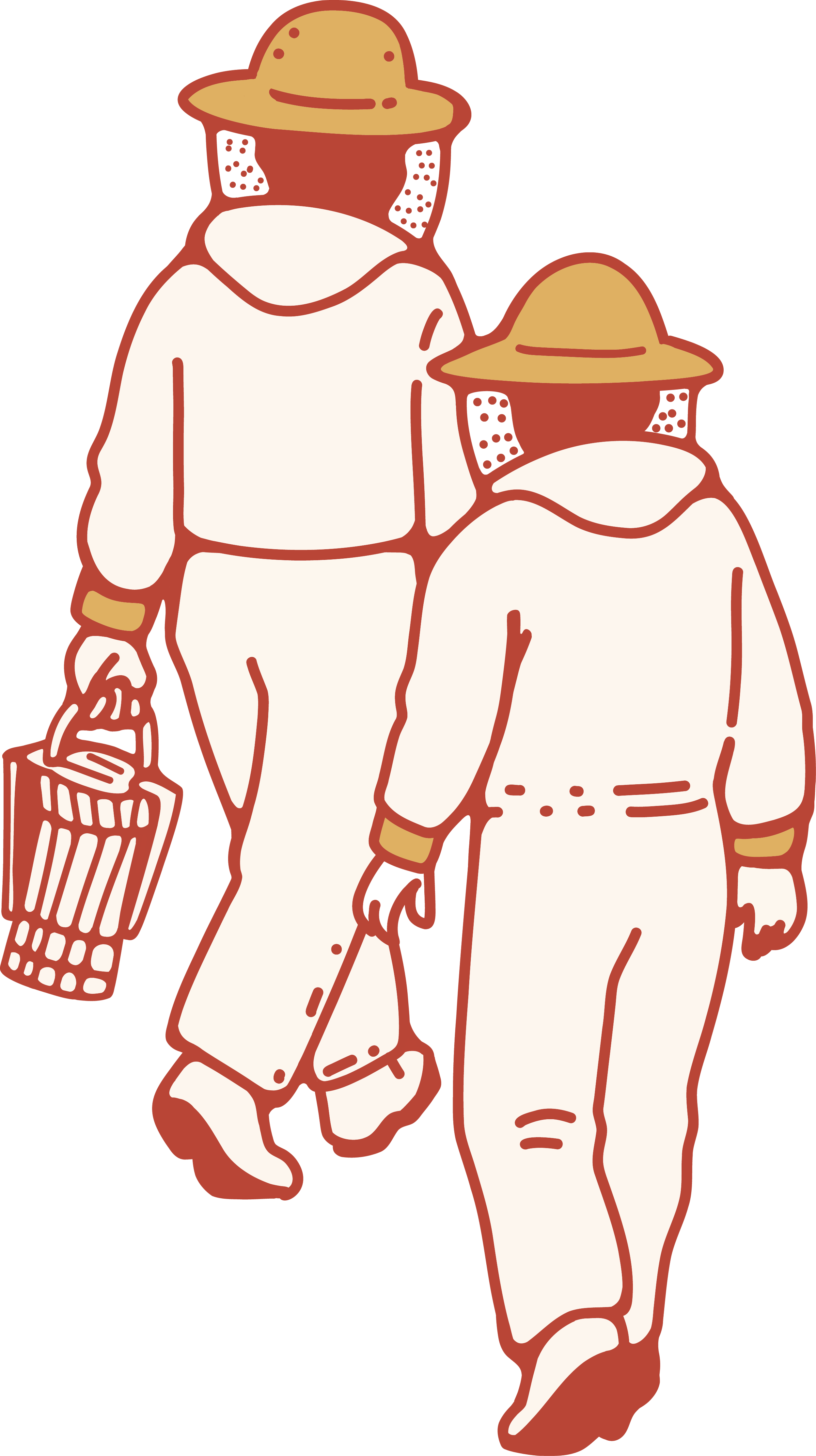 Two beekeepers wearing hats and cream-colored outfits, walking together. One is carrying a smoker.