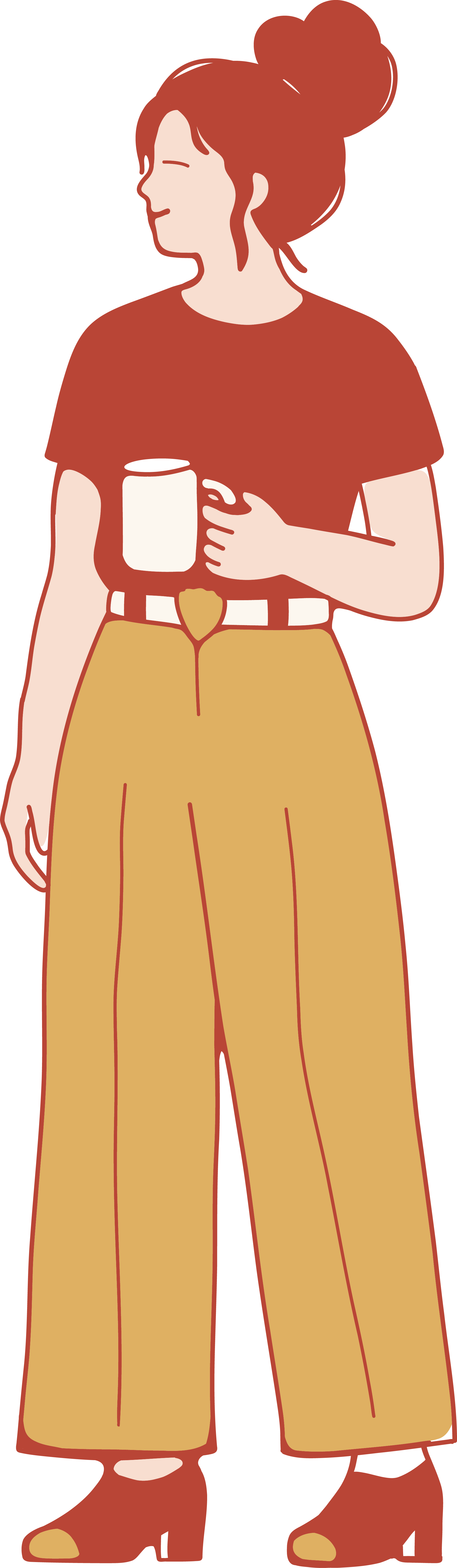 Illustration of a woman with red hair in a bun, wearing a red top, beige wide-leg pants, and brown ankle boots, holding a white mug.