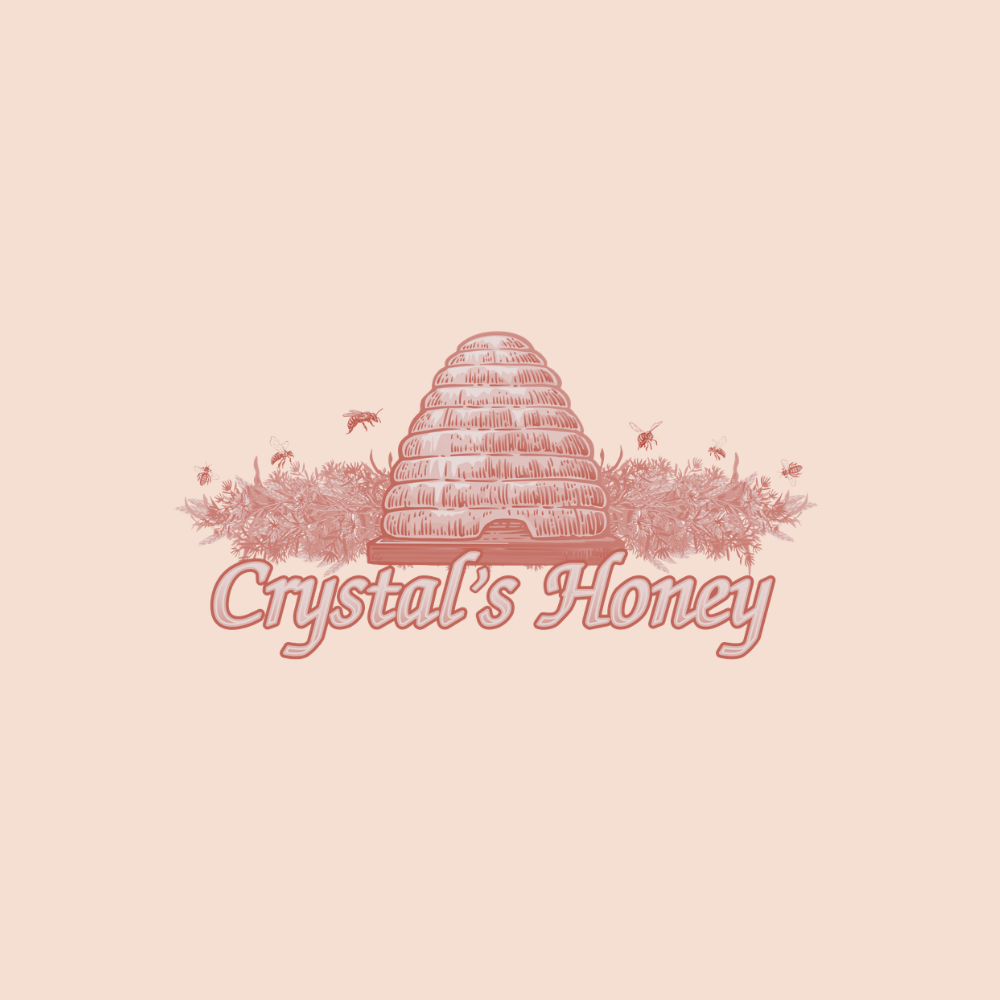 A logo for 'Crystal's Honey' featuring a skep and bees